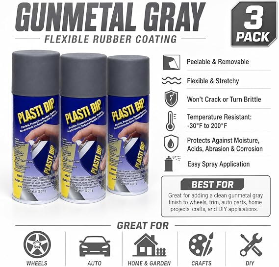 Plasti Dip Spray Coating, Gunmetal Gray, 11 oz Aerosol Cans, 3 Pack, Multi-Purpose Peelable Rubber Coating, Flexible Protective Spray for Wheels, Trim, Auto, Home, Garden, Craft & DIY Projects
