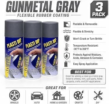 Plasti Dip Spray Coating, Gunmetal Gray, 11 oz Aerosol Cans, 3 Pack, Multi-Purpose Peelable Rubber Coating, Flexible Protective Spray for Wheels, Trim, Auto, Home, Garden, Craft & DIY Projects