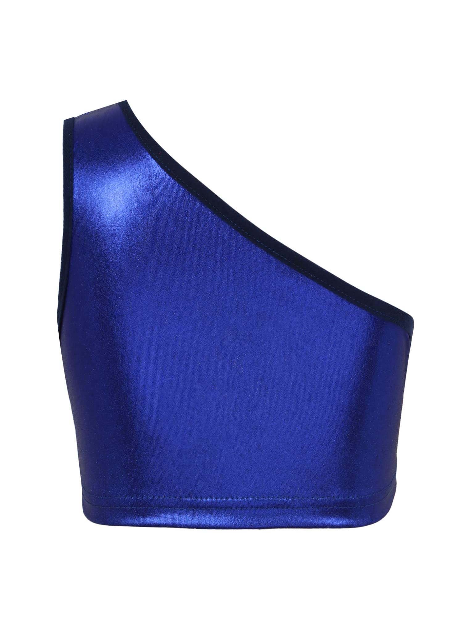 YEAHDOR Kids Girls Shiny Metallic Dance Crop Tops One Shoulder Crop Tank Top Hip Hop Street Dance Clothes Royal Blue 4-6 Years