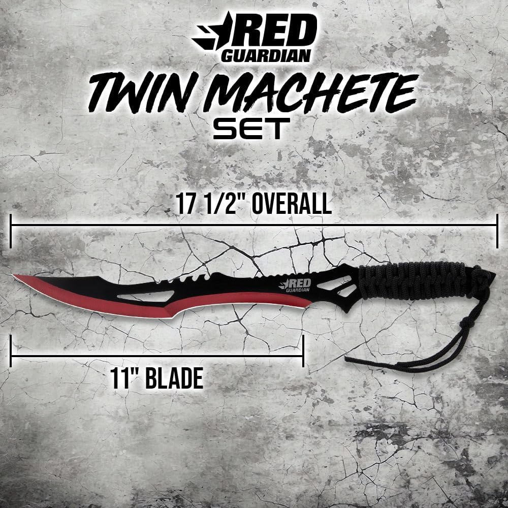 Red Guardian Twin Machete Set With Sheath | 11” Stainless Steel Blades | Red and Black Finish | Paracord Wrapped Handles | Includes Nylon Sheath with Adjustable Shoulder Strap | 17 1/2” Overall Length