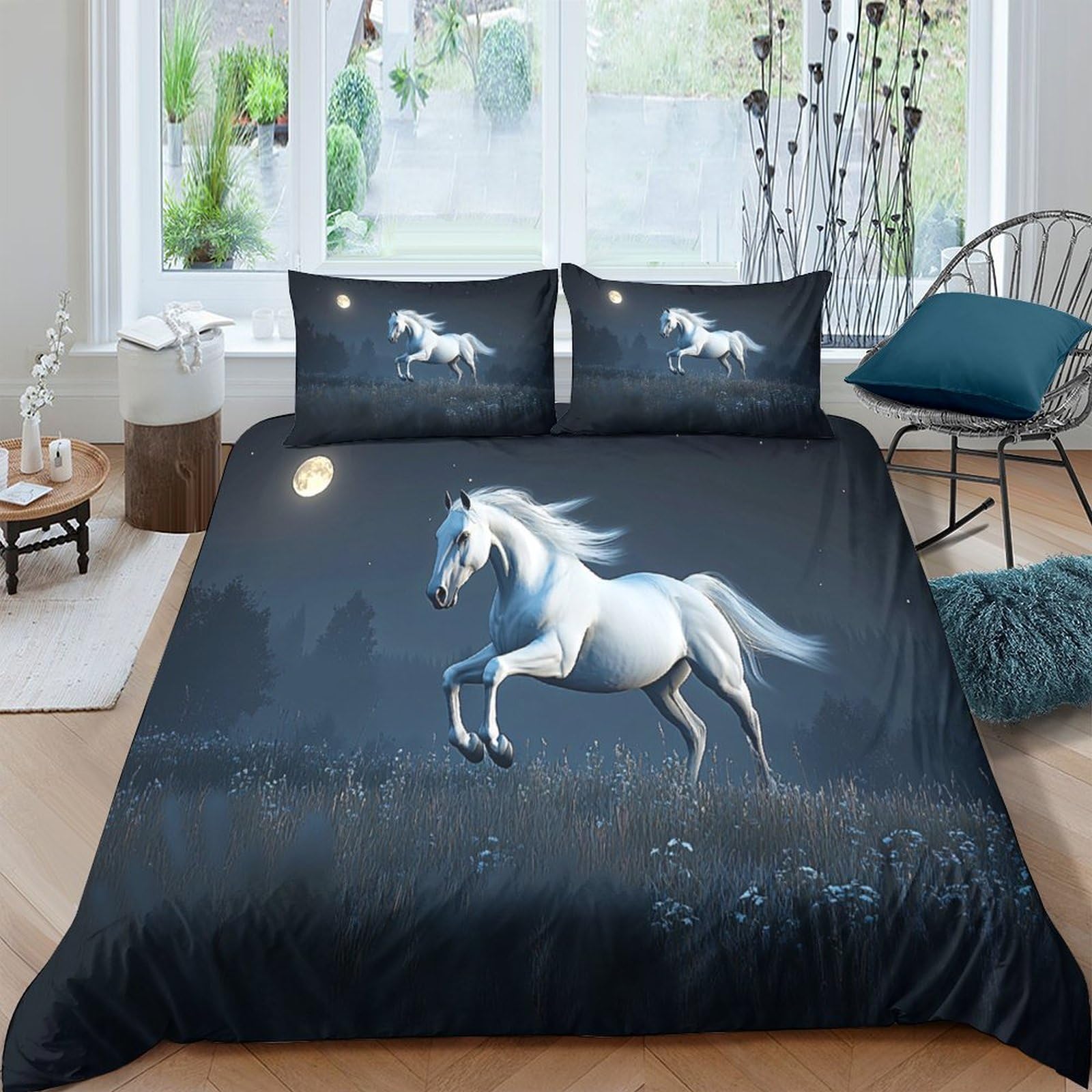 Ctjqhvkz Style-5 3D Printed Moonlight White Horse Fitted Sheet Microfiber Soft Anti-Slip Bed Cover For Bedroom Dorm Mattress Decor Single（135X200cm）