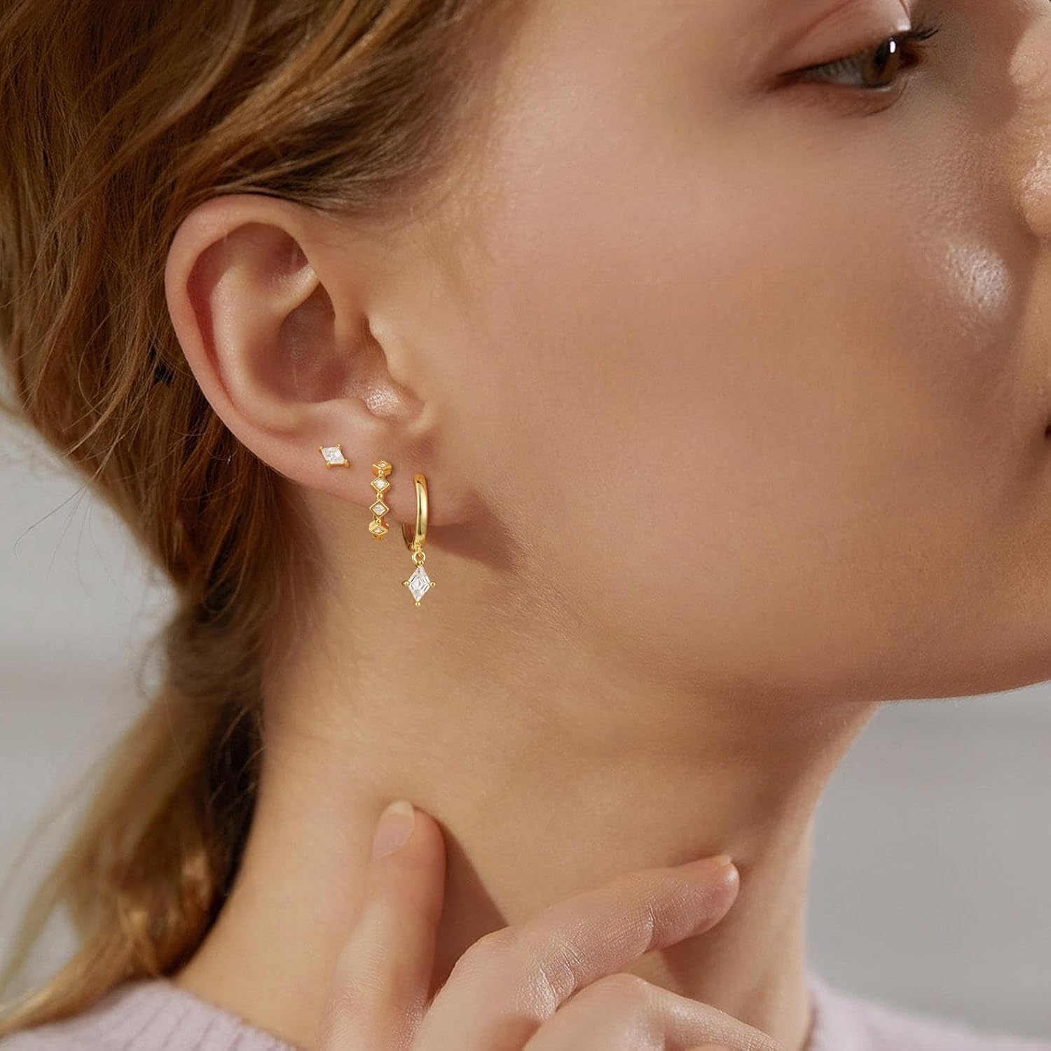 14K Gold Plated Hoop Earrings Set for Women, 3 Pairs Dainty Dangle Stud Cubic Zirconia Earrings Trendy Earrings Stack Non Tarnish 14K Gold Plated Jewelry for Women Christmas Gifts - Image 2