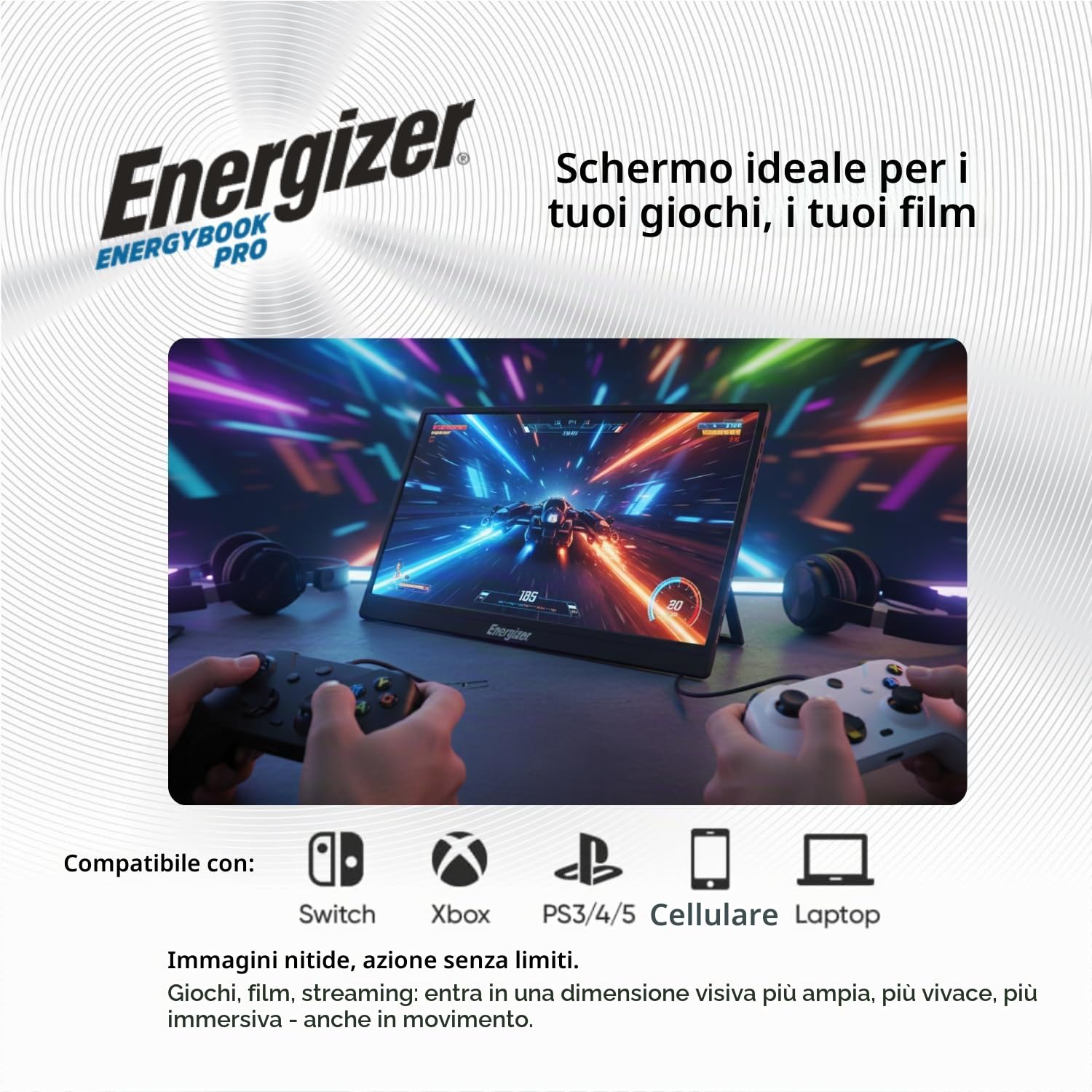 Energizer Monitor Portatile 15.6" FHD 1080p IPS - Schermo Esterno Ultra Sottile e Leggero per PC, Mac e Smartphone, USB-C e Mini HDMI, Altoparlanti Integrati - Nero