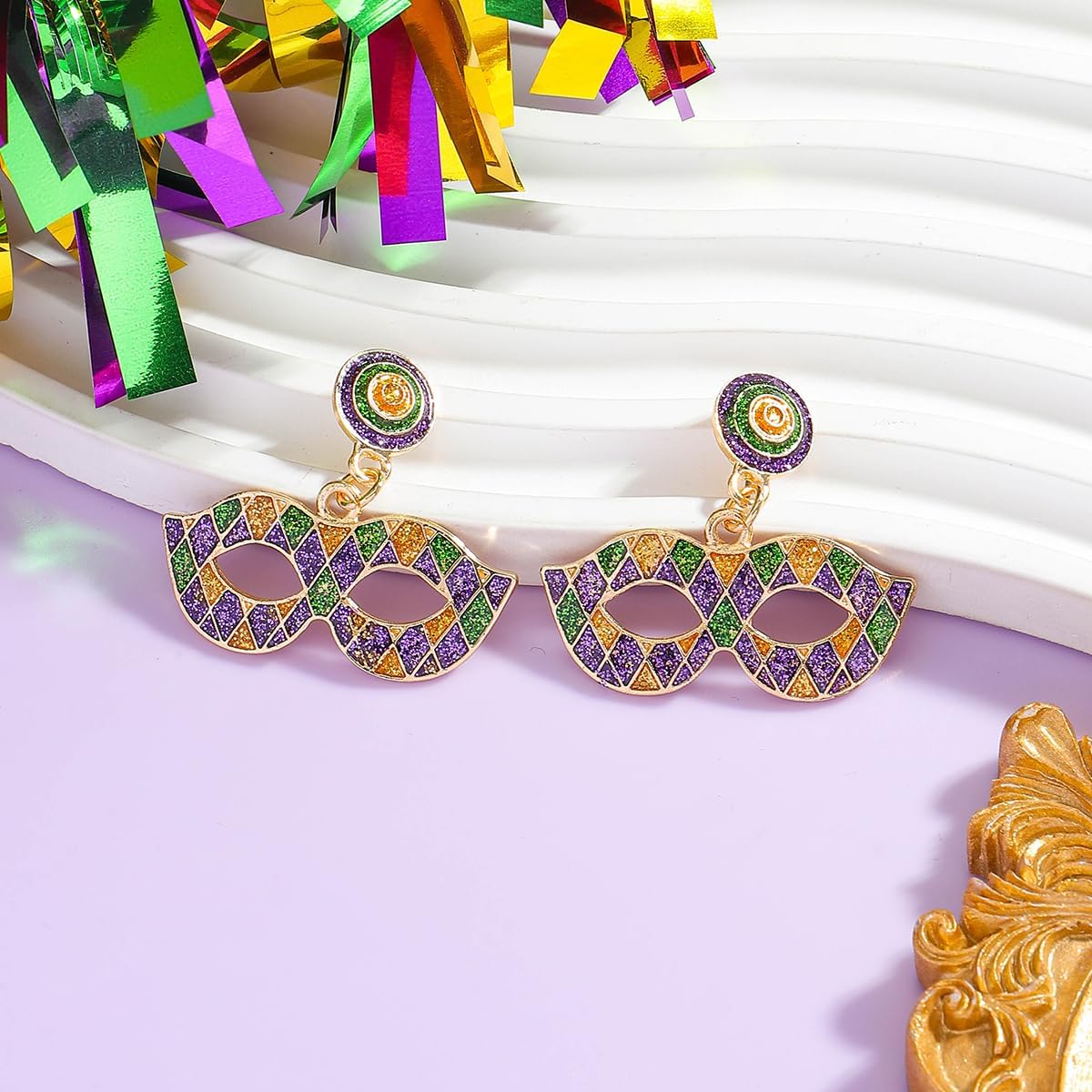 Mardi Gras Mask Hat Earrings for Women, Enamel Carnival Festival Drop Dangle Earrings, Purple Green Gold Party Statement Jewelry Gift - Image 5