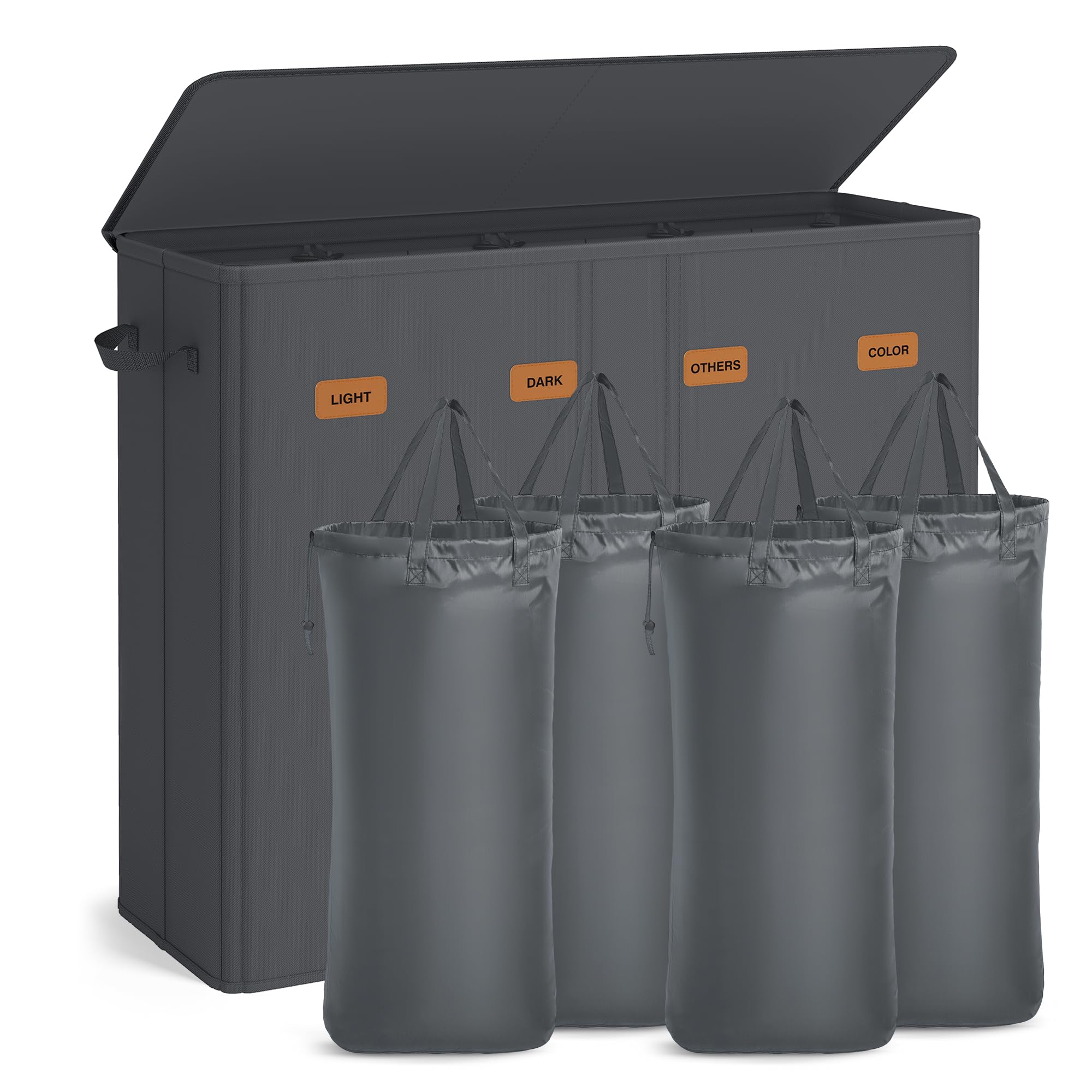 SONGMICS 55.4 Gallon (210 L) Laundry Hamper, 4-Compartment Laundry Basket Sorter with Lid, Labels, Removable Liner Bags, for Bedroom, Dark Gray URLH014G01