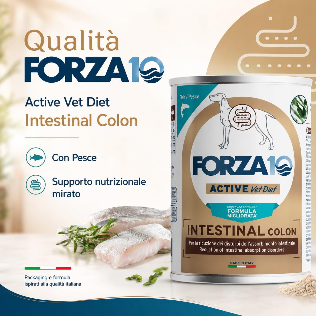 Intestinal Colon Pesce – Forza10 Diet Cibo Umido per Cani Adulti di tutte le Taglie e Razze, Monoproteico, per la riduzione dei disturbi intestinali, 6 Lattine x 400g, Alimento Completo.