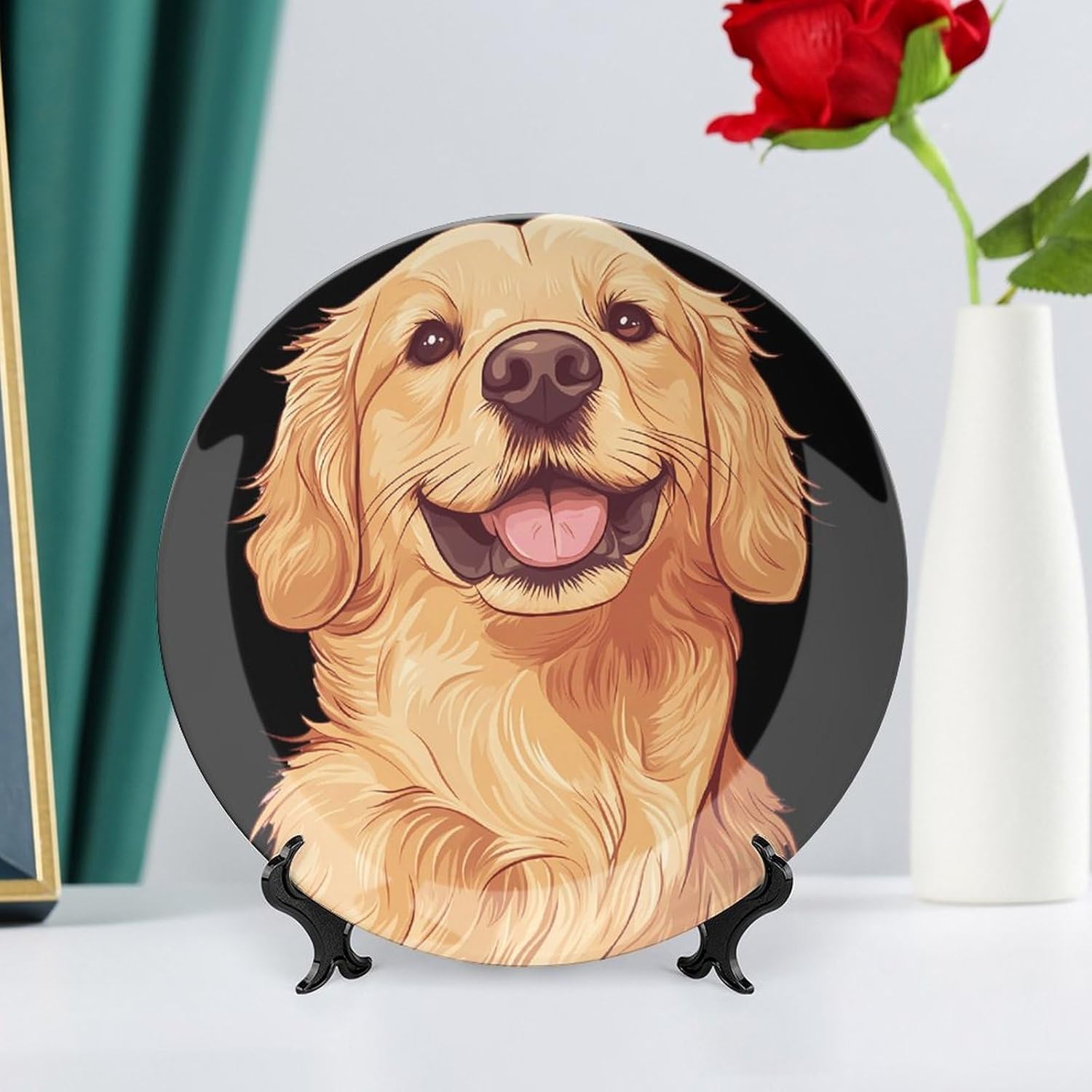 Retriever Dog Smiling Decorative Plates for Display Ceramic Plate Tray with Stand Hanger Home Decor
