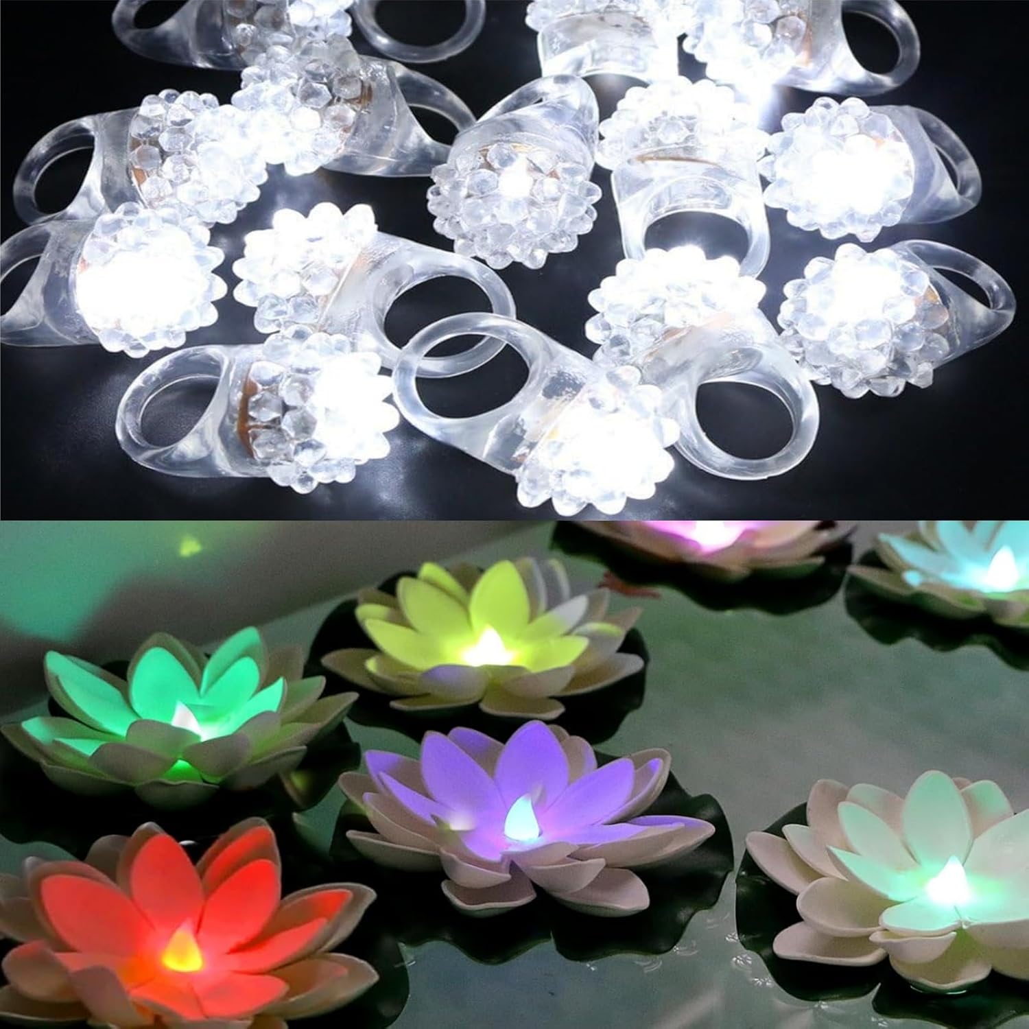 12 PCS Flashing Rings & 12 PCS Floating Lotus Flower