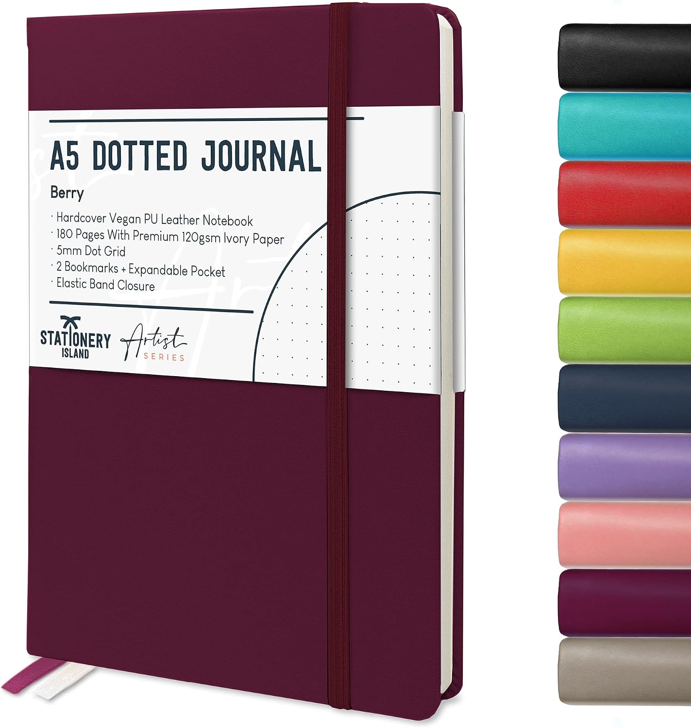 STATIONERY ISLAND A5 Bullet Dotted Journal Mauve Berry Dot Grid Notebook 120gsm Thick Paper 180 Pages in Medium Size Leather Hardcover for Office Work, School Study, Drawing and Travel