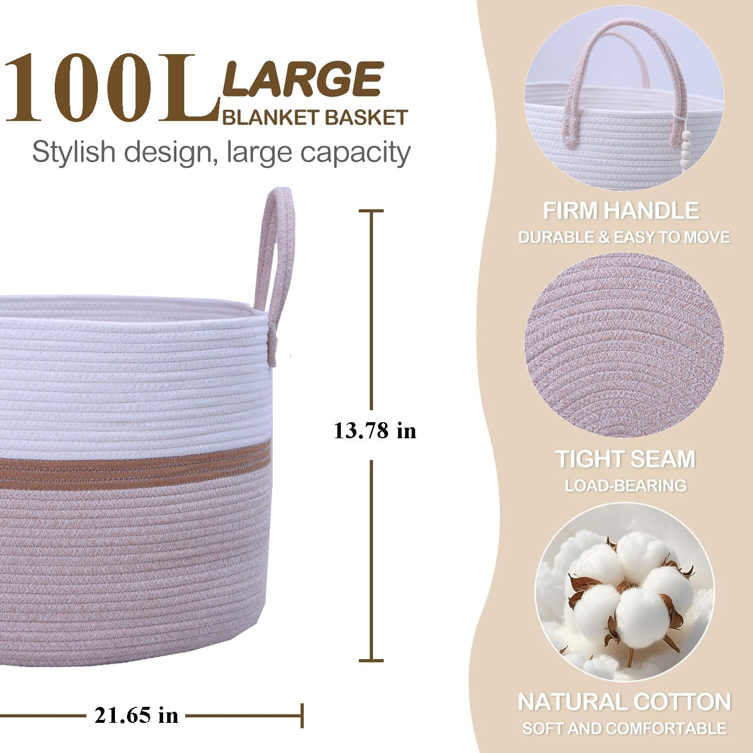 Woven Storage Basket with Handle,Nursery Hamper in Baby Nursery&Bathroom, Living Room for Toys, Clothes and Blanket (Brown, 100L)