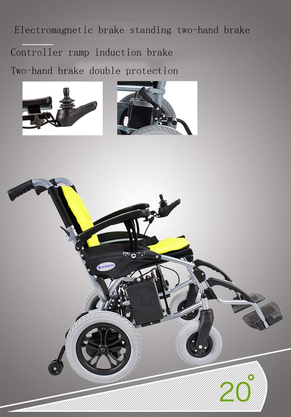 Images showing the electromagnetic brake and handbrake system, with an illustration of the wheelchair on a 20-degree incline.
