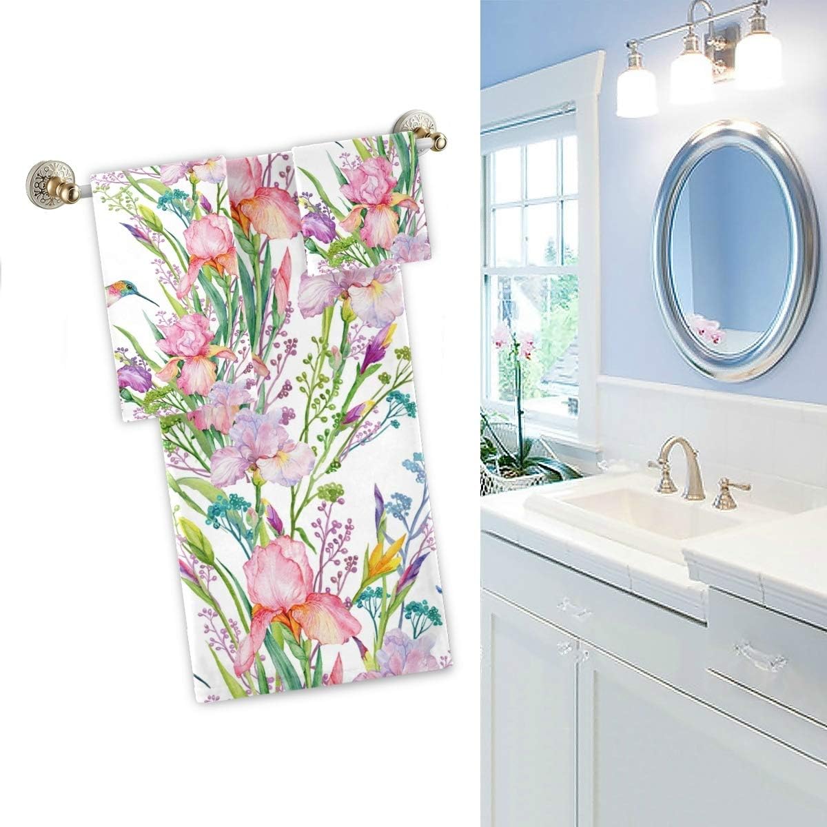Naanle Spring Hummingbird Irises Flowers Floral Soft Luxury Decorative Set of 3 Towels, 1 Bath Towel+1 Hand Towel+1 Washcloth, Multipurpose for Bathroom, Hotel, Gym, Spa and Beach - Image 3