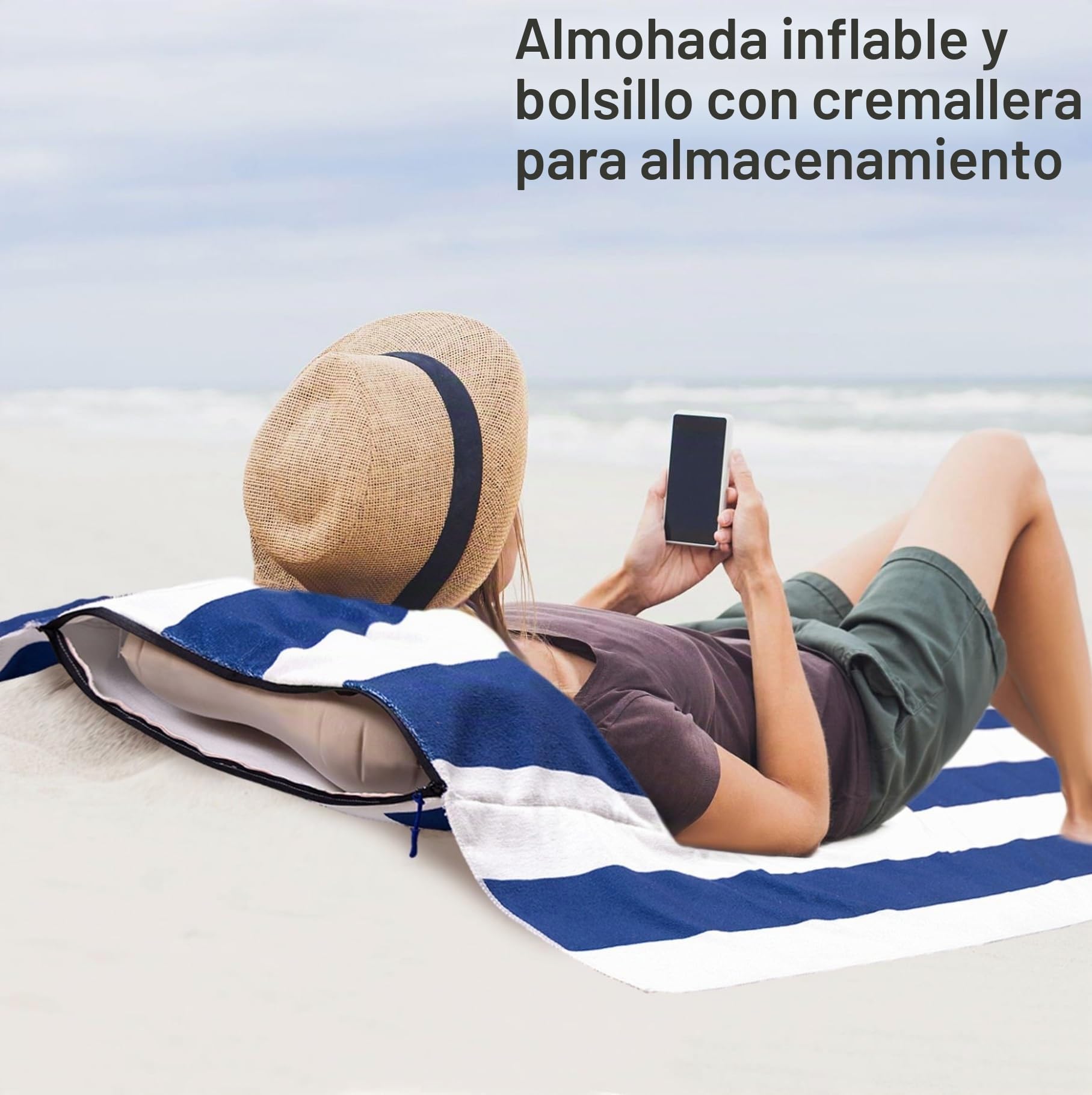 Olly & Rose Toalla de Playa Extra Grande de Microfibra de Lujo con Bolsillo con Cremallera y Almohada Inflable y patrón Reversible 100 x 200 cm - Toalla de Viaje Ligera de Microfibra de Lujo 300 g/m²