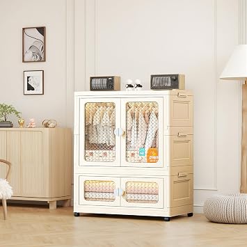 Stackable Storage Bins, Plastic Collapsible Storage Containers with Doors, Wheels and Hanging Rods, 29.52 x 14.96 x 40.55 Large Lidded Closet Organizers Cabinet for Home Office,White