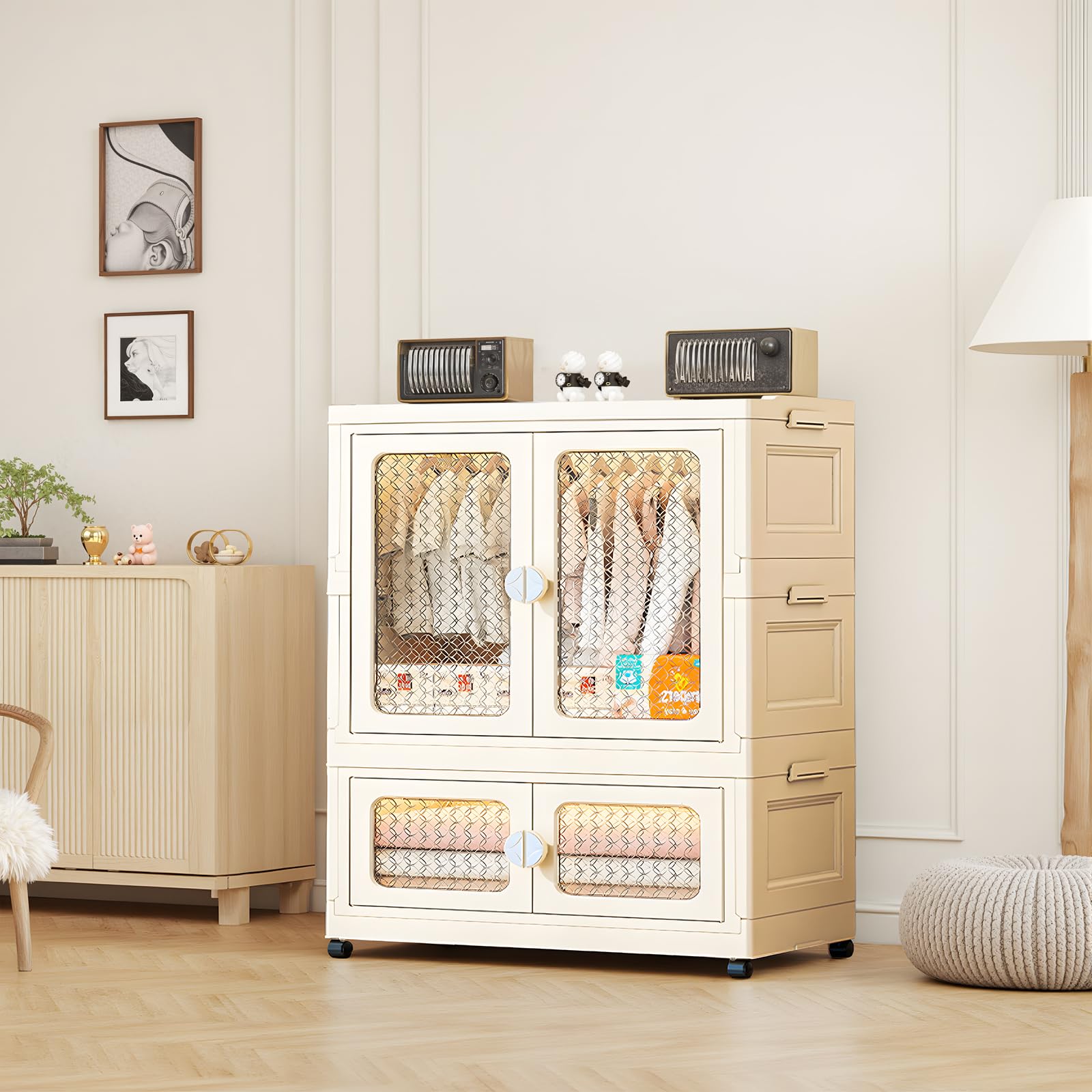 Tragbarer Kleiderschrank mit Doppeltüren - Zusammenklappbarer Schrank mit Rollen 103x75x38cm - Kunststoff-Klappkommode mit Kleiderstange 1 Aufhängung + 1 Aufbewahrungen - Weiß