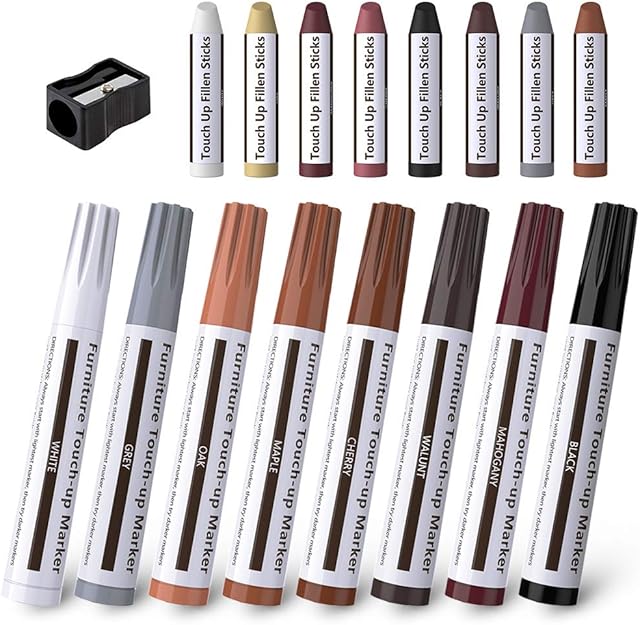 Peakally Furniture Repair Kit, Set of 17 Wood Filler Wood Touch Up Pens Furniture Repair Markers and Wax Sticks with Sharpener Kit for Floor Furniture Scratch, Stain, Crack