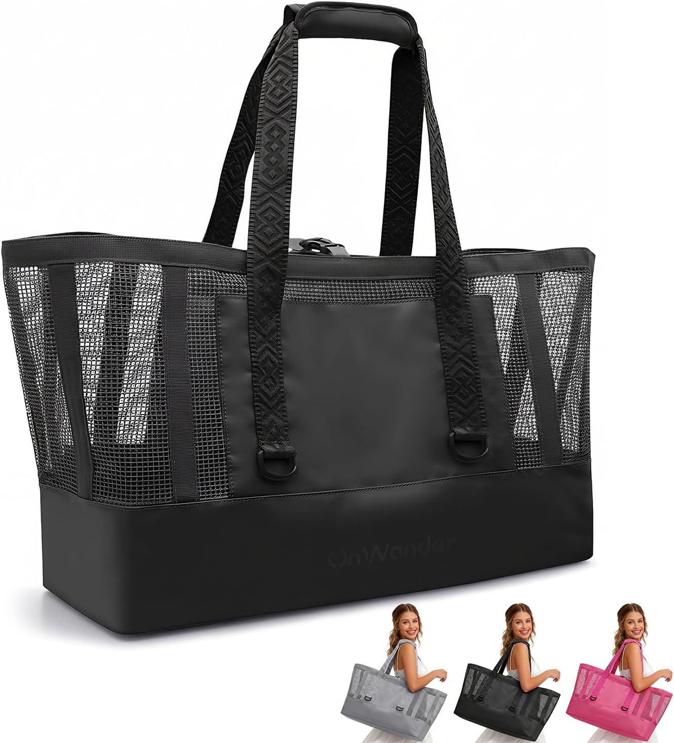 Large Mesh Beach Tote Bag - 50L Pool Bags with 2 Inner Zipper Waterproof Pockets for Swim Toys Towels Travel