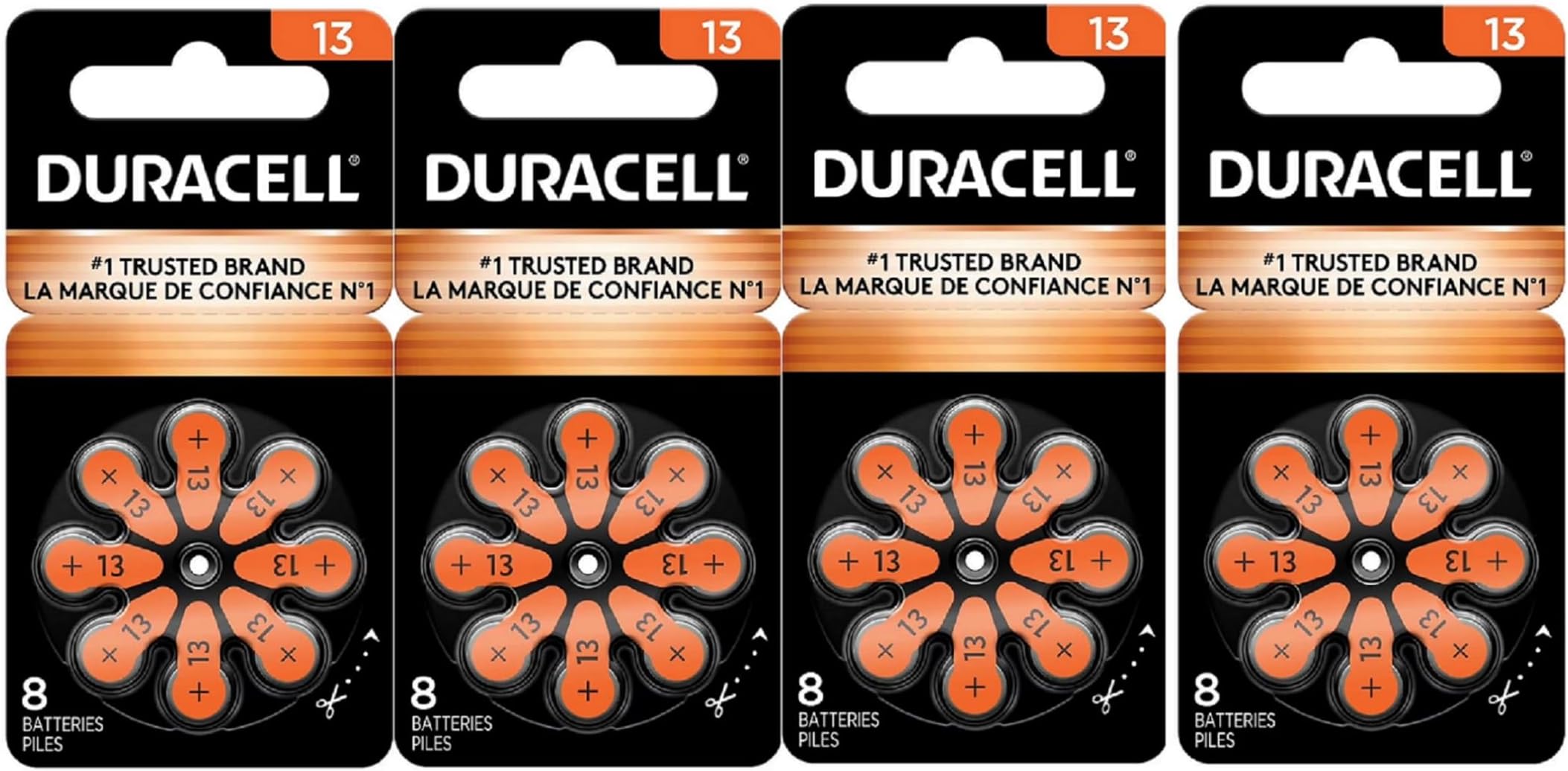 Duracell Hearing Aid Batteries Orange Size 13, 32 Count Pack, 13A Size Hearing Aid Battery with Long-Lasting Power, Extra-Long EasyTab Install for Hearing Aid Devices