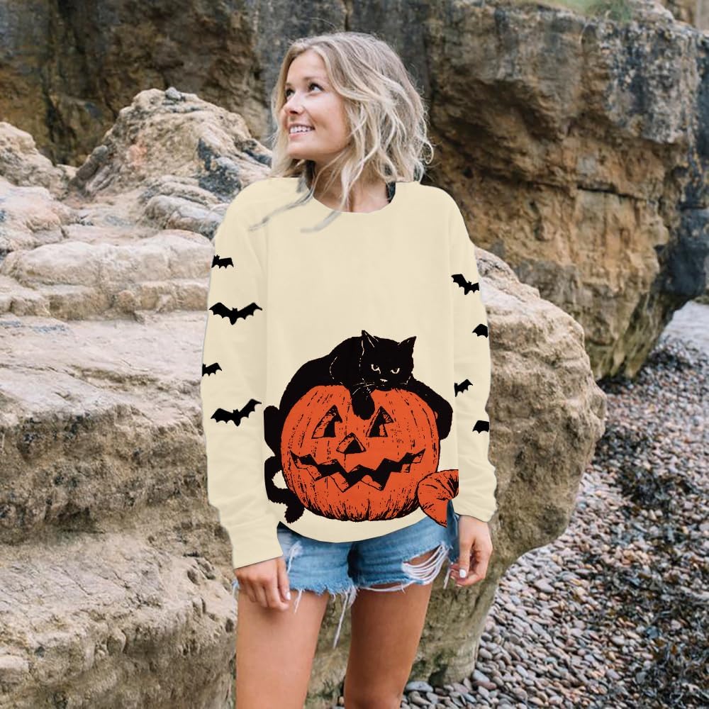 Black Cat on Pumpkin Sweatshirt Halloween Sweatshirts for Women Fall Pumpkin Face Tee Lightweight Pullover Tops - Image 3
