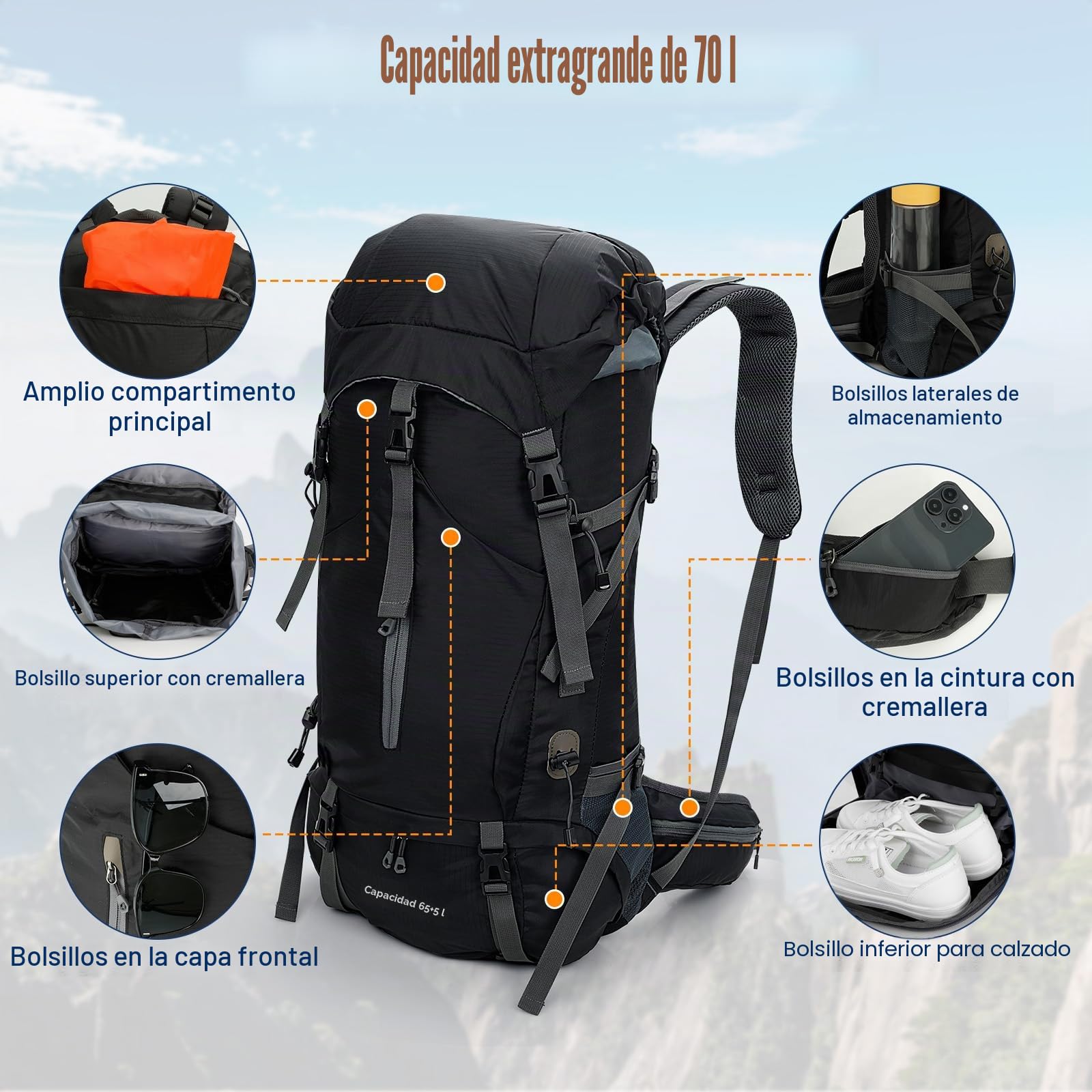 Cozary Mochila Trekking 70L Impermeable Antidesgarro con Cubrelluvia, Sistema Transpirable para Senderismo Camping Montañismo
