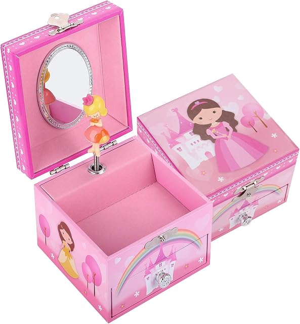 Taopu Sweet Square Musical Jewelry Box with Pullout Drawer and Spinning Princess Girl Figurines Music Box Jewel Storage Case for Girls