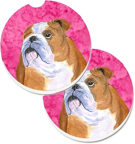 Caroline's Treasures SS4767-PKCARC - Juego de 2 portavasos para automóvil, diseño de bulldog inglés, absorbentes para automóvil, portavasos para