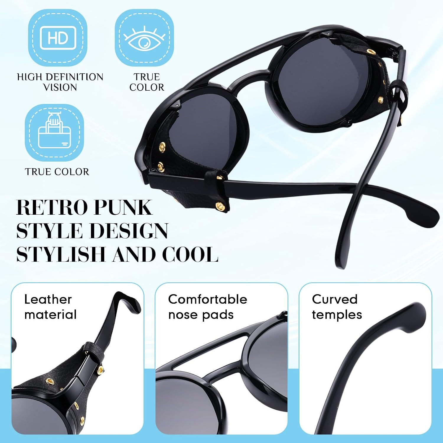 Weewooday 3 Pairs Retro Polarized Round Steampunk Sunglasses with Faux Leatherwear for Men Women