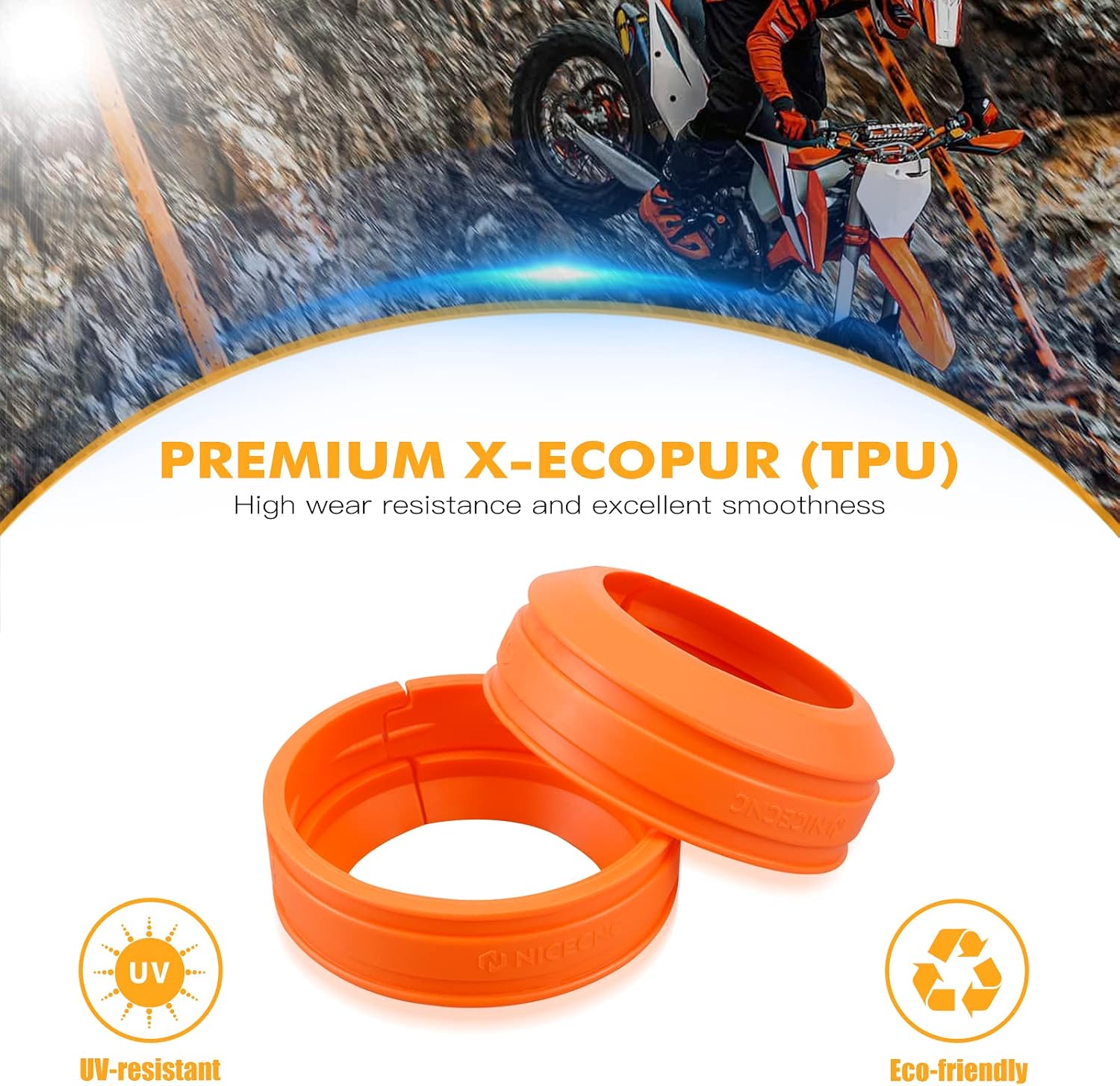 NICECNC Orange Front Fork Mud Scraper Kit TPU Compatible with KTM 125/144/150/200/250/300/350/400/450/500/525/530/690/950/990/1190/1290 All Models 2004-2024 See Ftiment