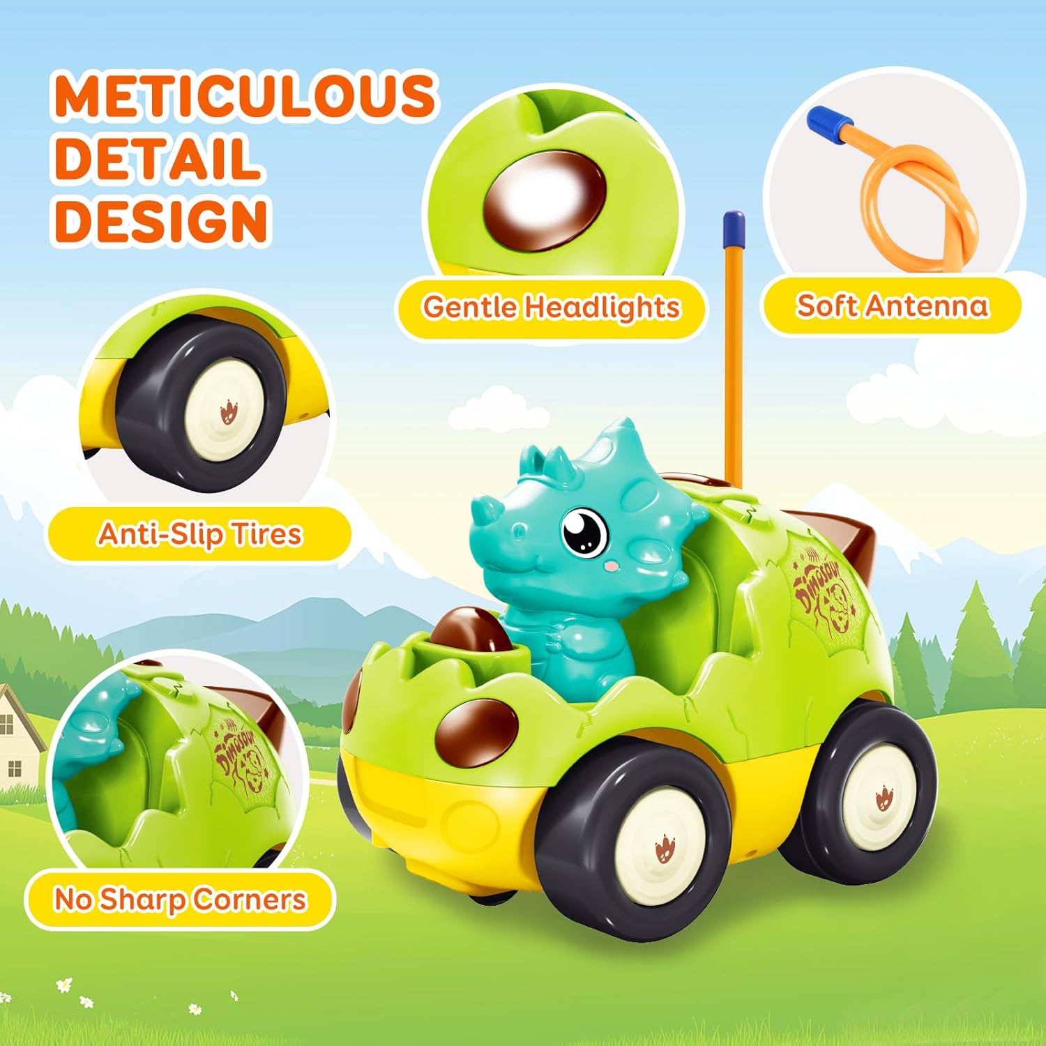 Dinosaur RC Car for Toddlers Age 18 Months+, Remote Control Cars with Music & Lights, 2 Removable Dolls, My First Remote Control Car for Boys Girls, Perfect Birthday or Xmas Gift (Pastel Green)