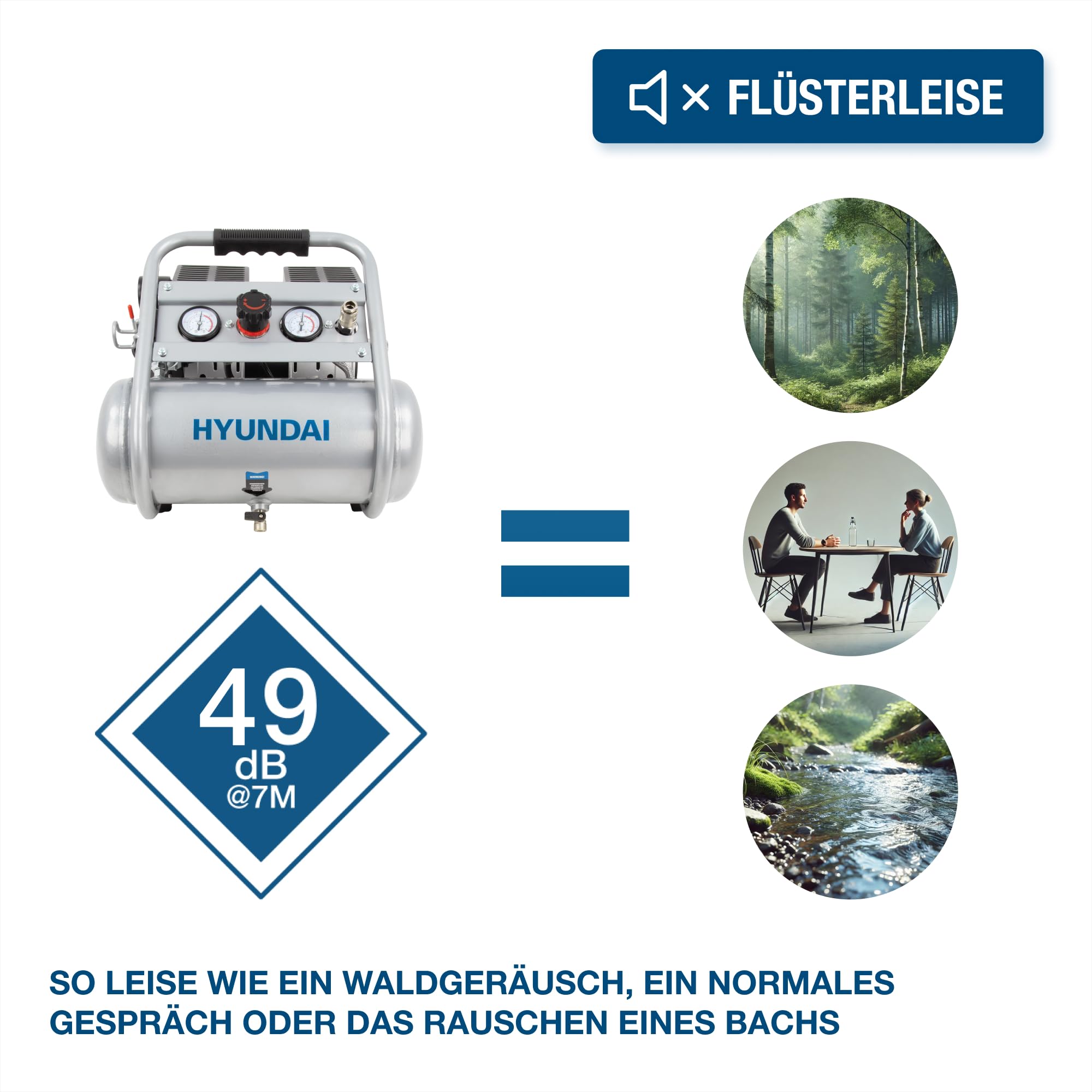 HYUNDAI Silent Kompressor SAC75008 | 8L Kessel | 0.75kW, 9bar | Ansaugleistung 128 L/Min | Luftkompressor leise, ölfrei | 2 Anschlüsse | Flüsterkompressor, Compressor flüsterleise