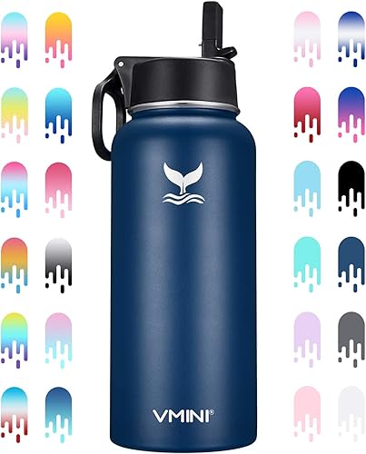 Vmini  Botella de acero inoxidable de boca ancha y aislada al vacío, tapa con pajilla con mango ancho, azul, 32 onzas