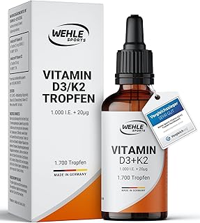 Vitamin D3 K2 Tropfen Hochdosiert [1000 IE] - Vit D3 K2 Hochdosiert - Vitamin D3 K2 1000 IE - 50ml 1700 Tropfen - LABORGEPRÜFT Wehle Sports® - Verpackung kann variieren