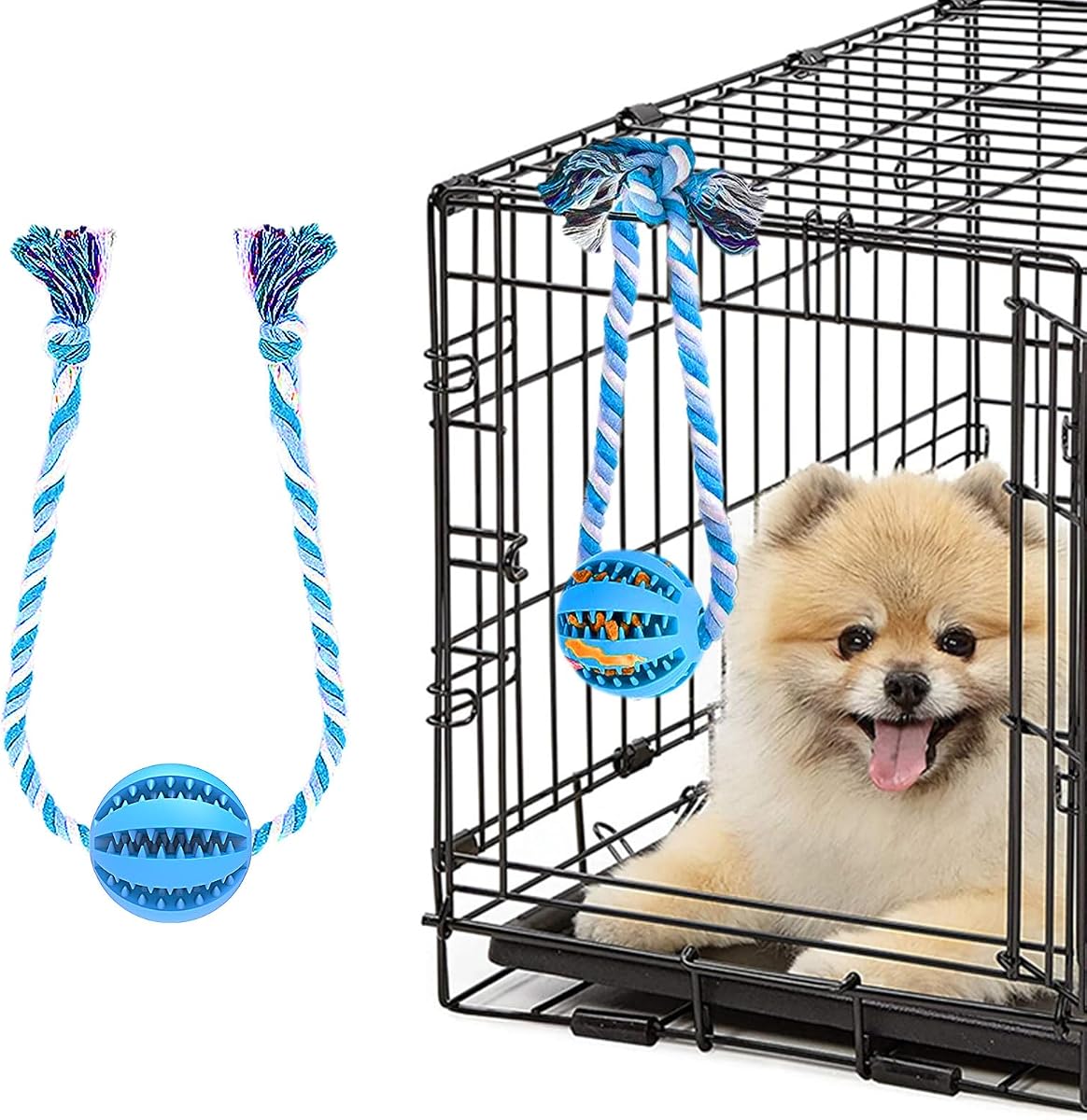 Engorgio Interactive Dog Chew Toys Crate Training Aids for Puppies, Puzzle Treat Dispenser with Rope Dogs Toy Ball Reduce Stress Anxiety Peanut Butter Dog Food Treat Dispenser Toys (Blue)