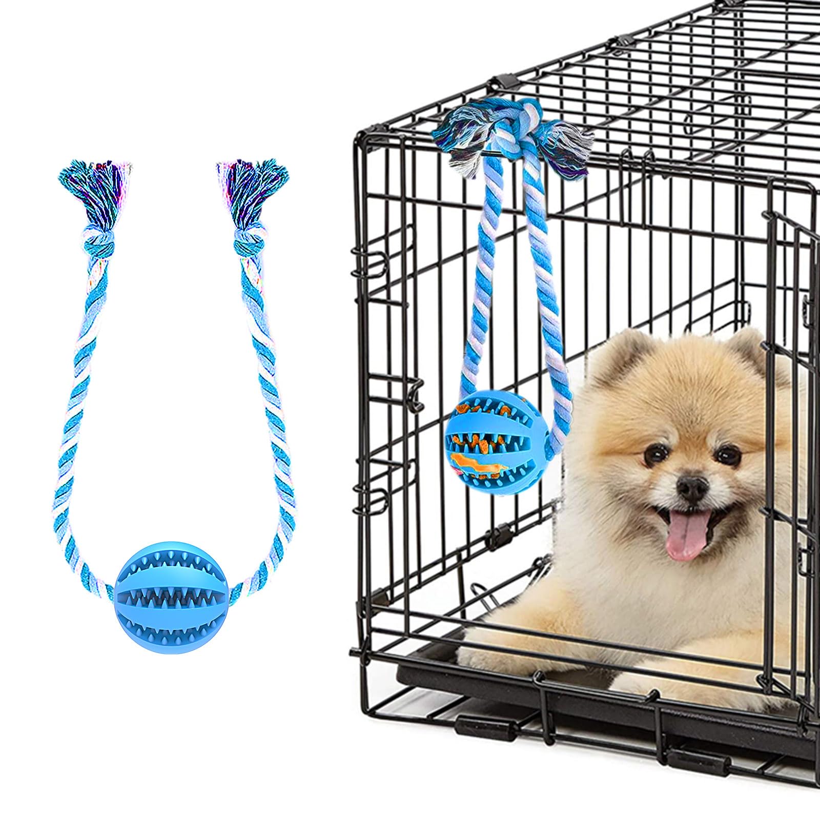 Engorgio Interactive Crate Training Aids for Puppies - Puzzle Treat Dispenser with Rope Dog Toy Ball, Reduce Stress & Anxiety - Peanut Butter Dog Food Treat Dispenser Toys (Blue)