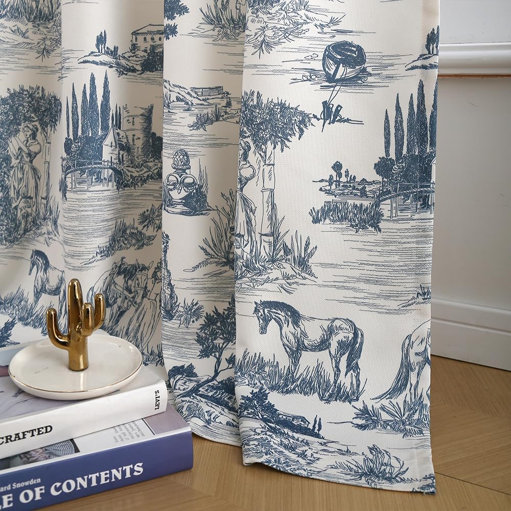 Autumn Dream Chenille Light Blocking Curtains 2 Panels Rod Pocket Back Tab Drapes Rural Blue Farmhouse Curtains for Bedroom, Living Room,Patio Doors (Blue, 52" W x 63" L)