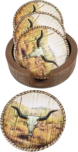 Ebros Gift Rústico Western Rodeo Roundup Longhorn vaca cráneo trenzado cuerdas de madera sintética posavasos conjunto figura soporte con cuatro