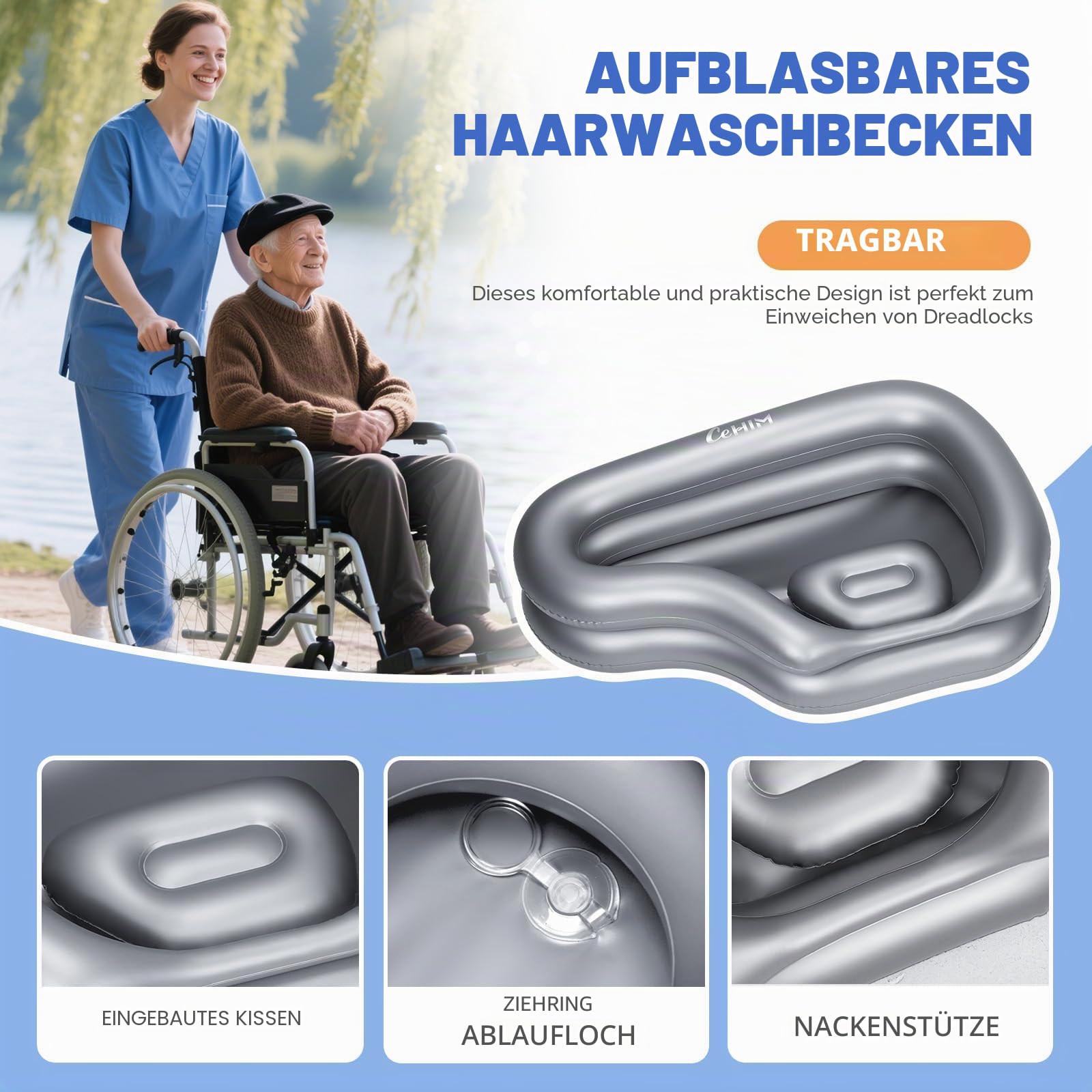 Aufblasbares Shampoo-Waschbecken, Tragbares Haarwaschbecken für Bettlägerige, Behinderte & Ältere Menschen, Mit Ablaufschlauch, Pflegeleicht & Stabil (Silver)