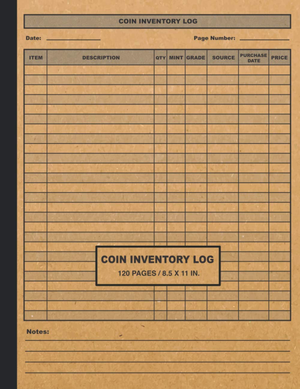 Coin Inventory Log 120 Pages Collectors Coin Logbook to Record and