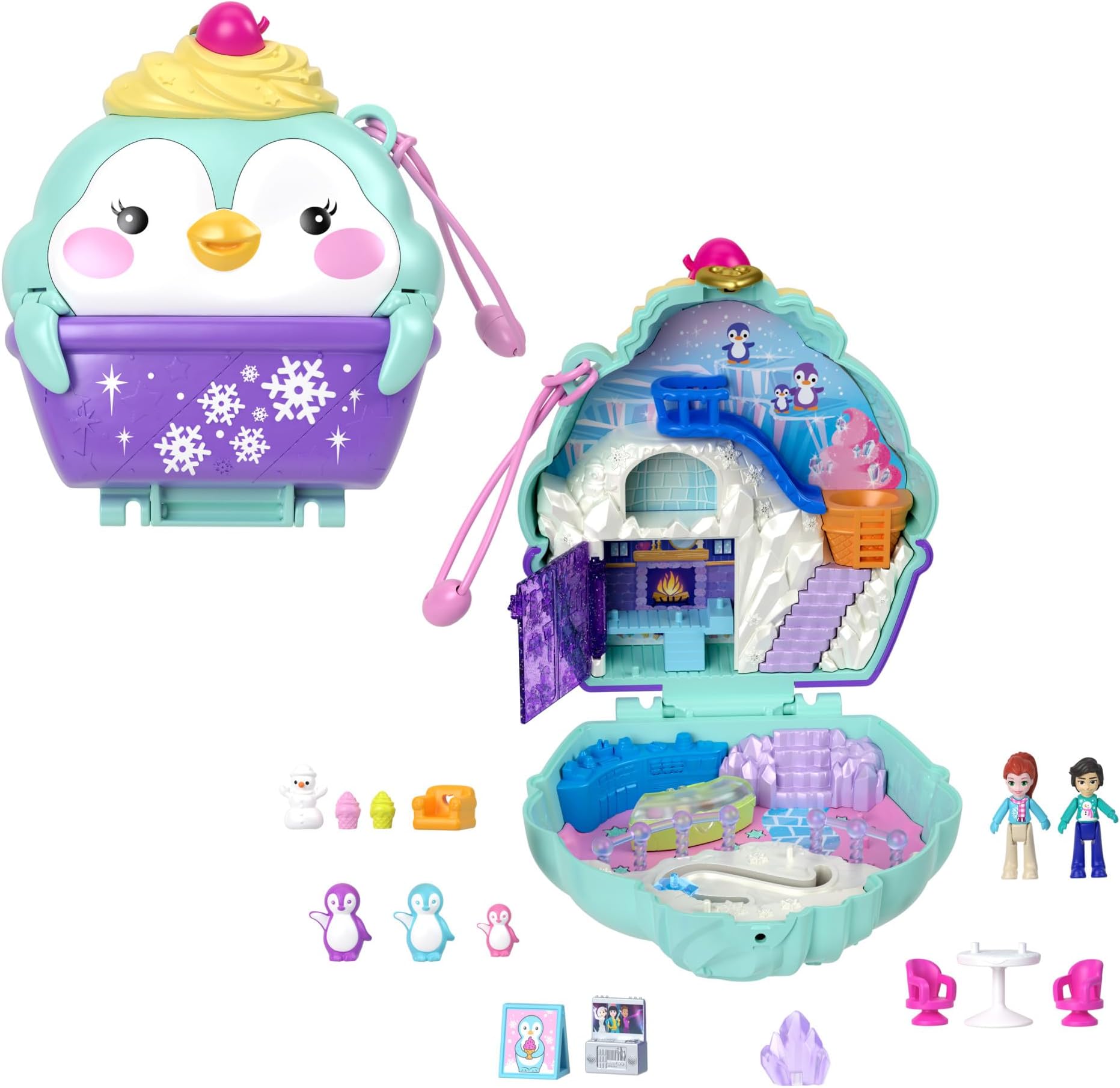 Polly Pocket Dolls and Playset, Travel Toy with Fidget Exterior, Snow Sweet Penguin Compact with 13 Accessories, HRD34