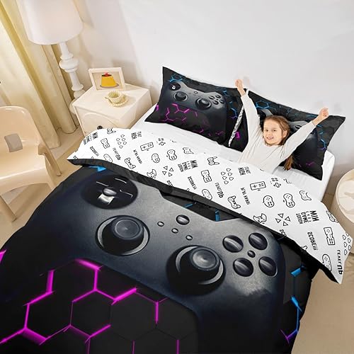 Miniatura 3 de Juego de funda de edredón para niños y adolescentes, diseño vintage de control de videojuegos, de 2 piezas con 1 funda de almohada, tamaño