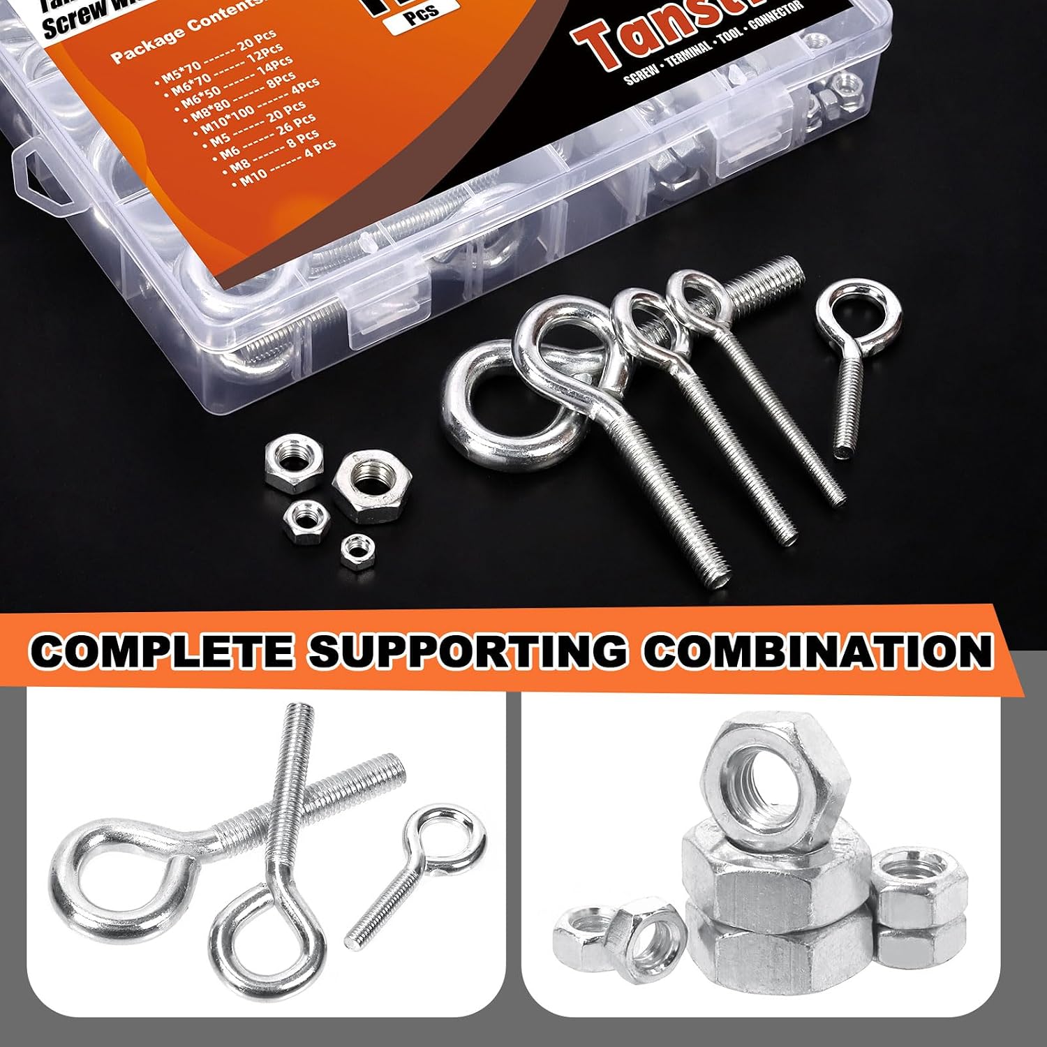Tanstic 116Pcs Eye Bolt with Nut Assortment Kit, M5 M6 M8 M10 Zinc-Plated Carbon Steel Eye Hooks Screws Bolts with Hex Nuts