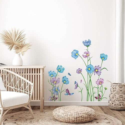 Miniatura 2 de Calcomanías de pared de flores azules y moradas, calcomanías de pared de flores de jardín de flores de mariposa, calcomanía de arte de pared para