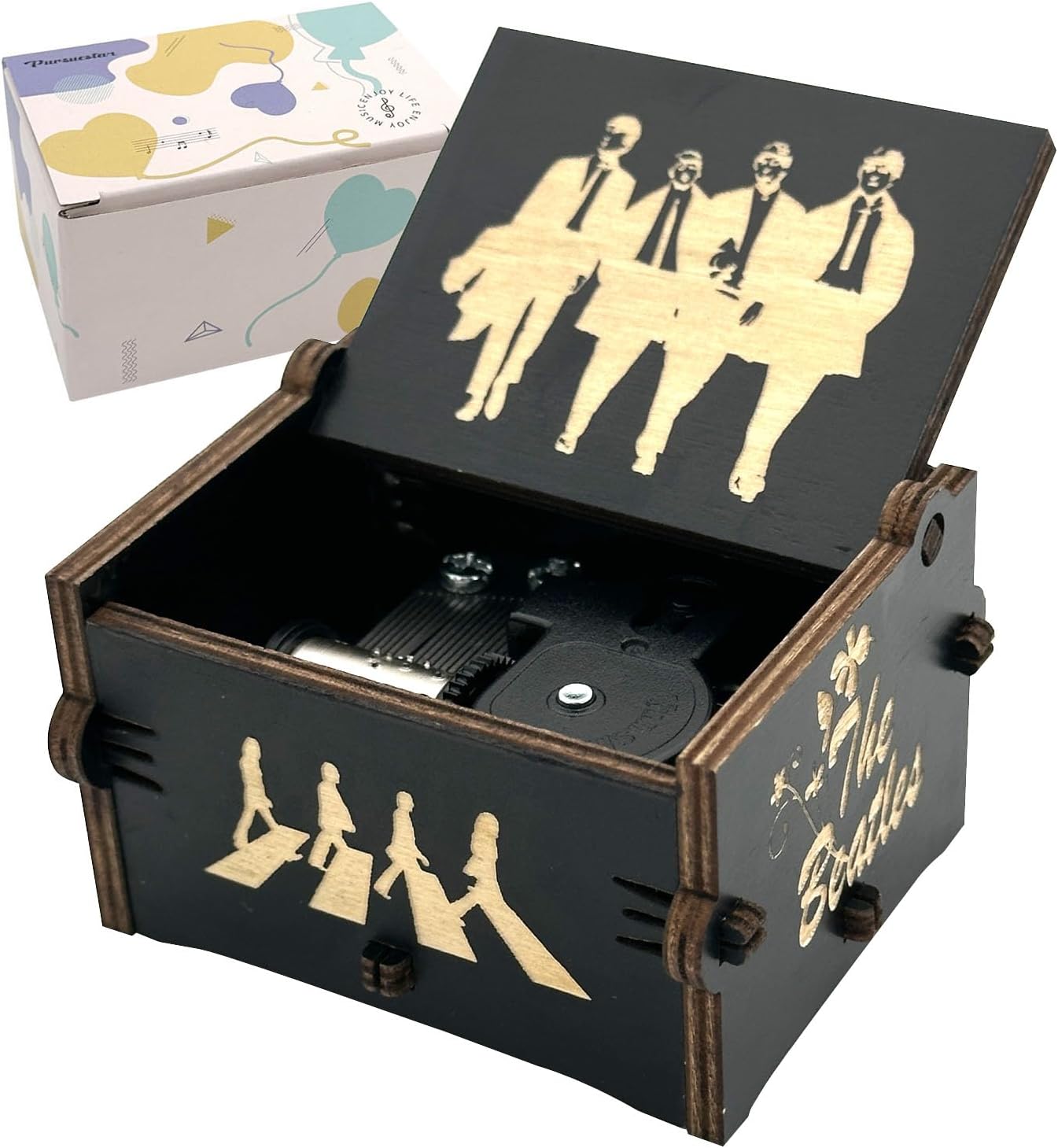 Black Vintage Laser Engraved Wooden Wind Up Music Box -TheBeatles Let It Be