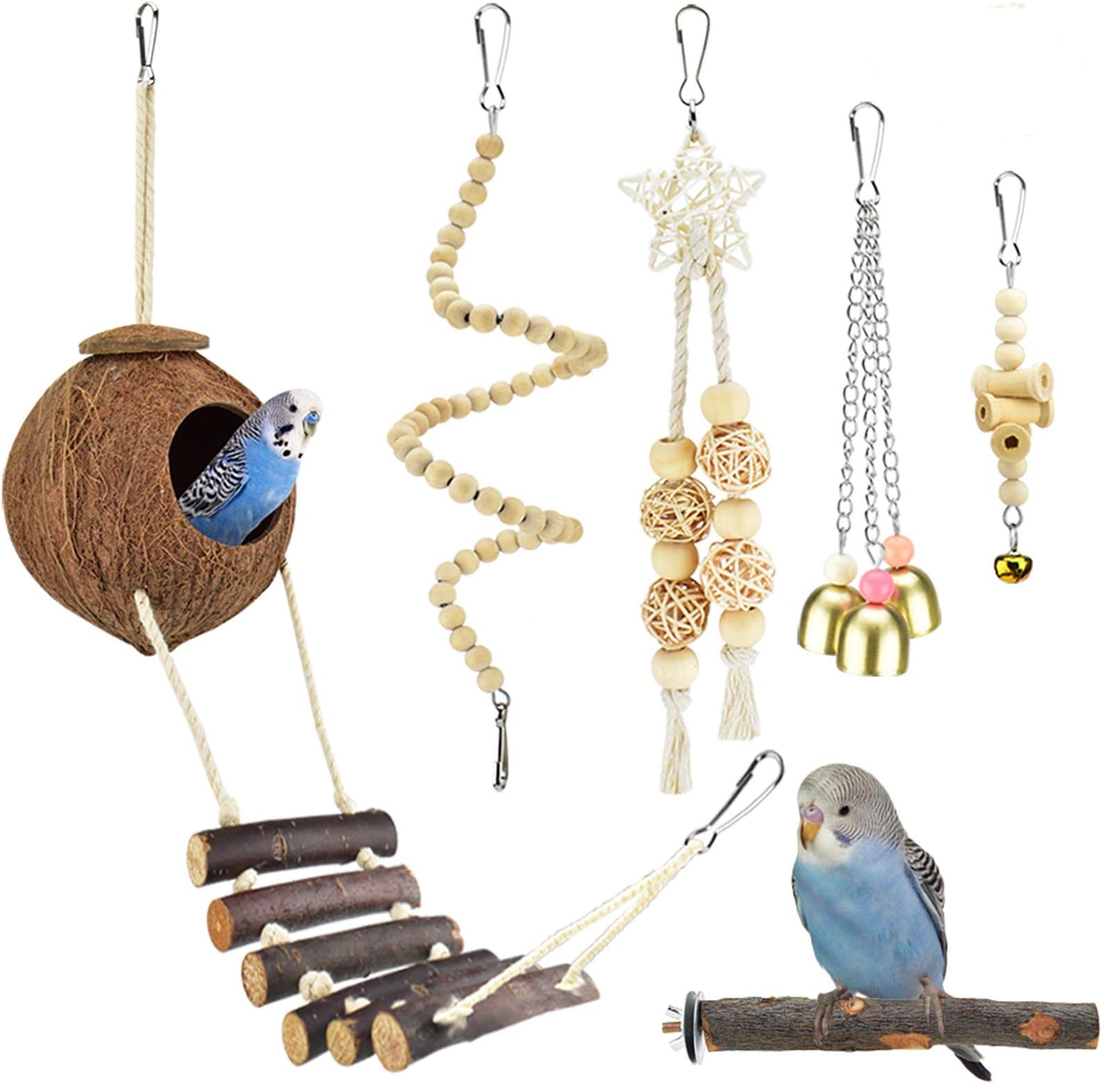 KATUMO Parakeet Toys, Lovebird Coconut House with Ladder Conure Perch Budgie Swing Cockatiel Cage Bells Bird Chew Toys for Small Parrot Birds