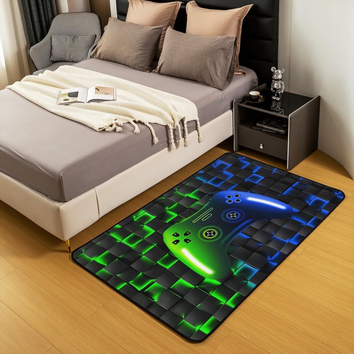 Erosebridal Gaming Area Rug 3x5 for Boys Bedroom Living Room,Gamer Non Slip Rug,Game Contoller Carpet for Kids Men,Neon Lights Gamepad Accent Rug,Glowing Checkered Grid Indoor Floor Mat Green Blue