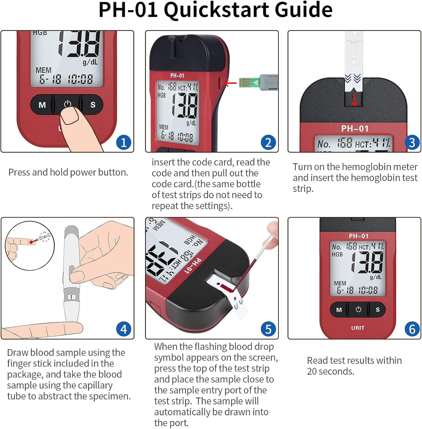 Six-step quickstart guide for PH-01: 1. Power on meter, 2. Insert code card, 3. Insert test strip, 4. Draw blood sample, 5. Apply blood to strip, 6. Read results.