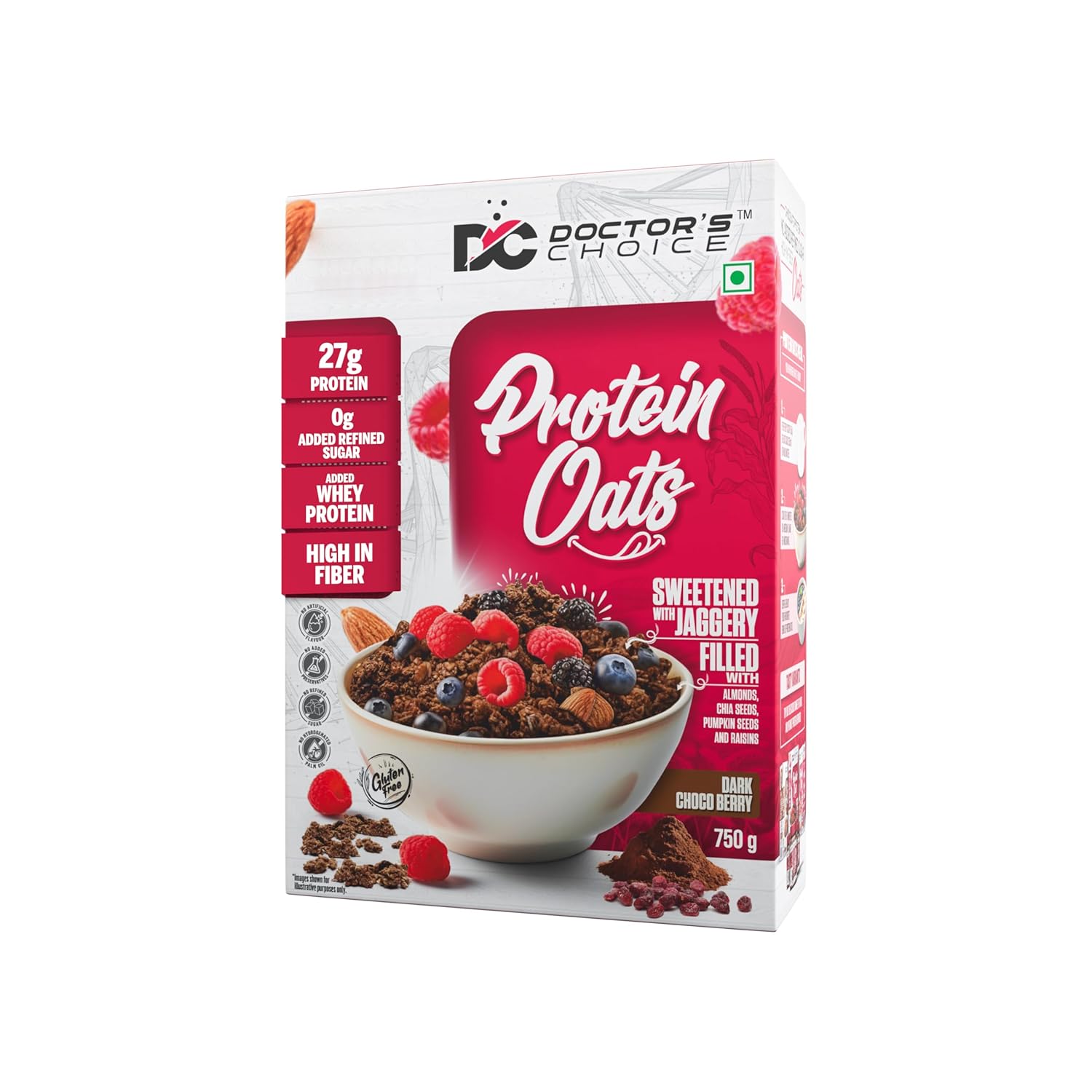 DOCTORS CHOICE Oats, High Protein Oats, 24g/27g Pure Protein Breakfast Cereals, Jaggery Sweetened, Rich in Fiber, No Additives and 0g Sugar. (750g, Dark Choco Berry)(version may vary)