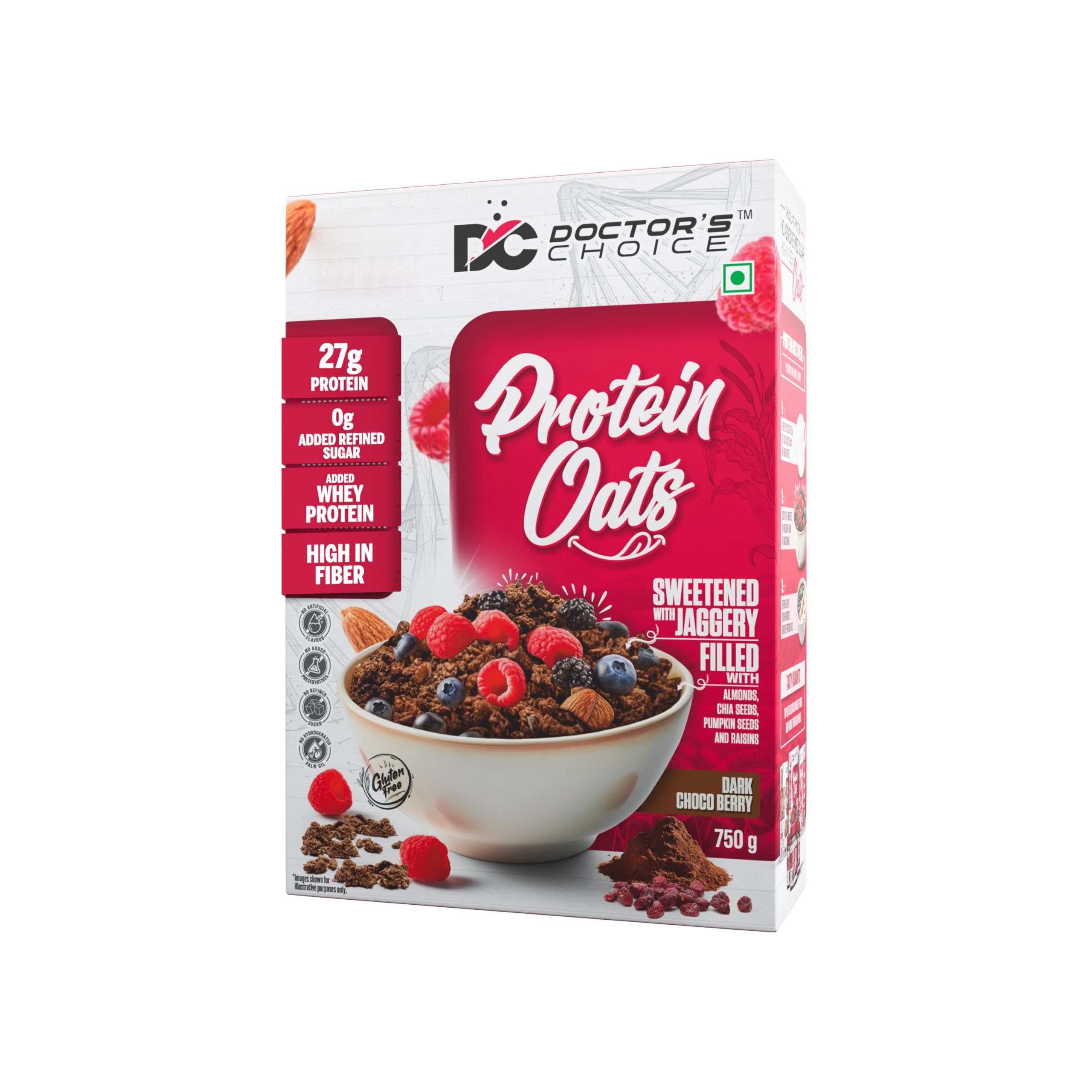 DOCTORS CHOICE Oats, High Protein Oats, 24g/27g Pure Protein Breakfast Cereals, Jaggery Sweetened, Rich in Fiber, No Additives and 0g Sugar. (750g, Dark Choco Berry)(version may vary)