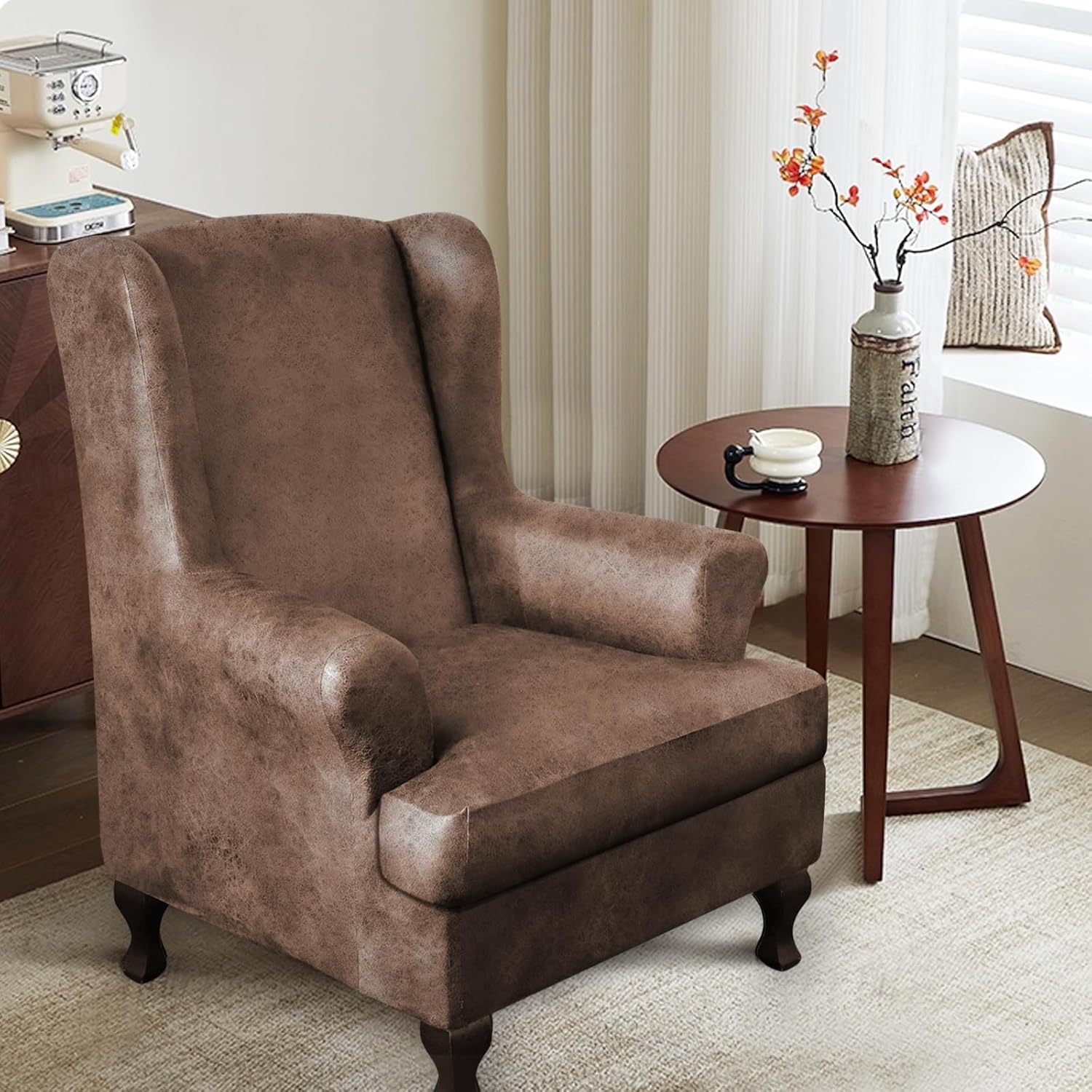 Leather Look Wingback Chair Covers, 2-Piece Wing Chair slipcover, Stretch Wing Back Armchair Slipcovers with Elastic Bottom, Soft Spandex Furniture Protector for Living Room, Light Brown