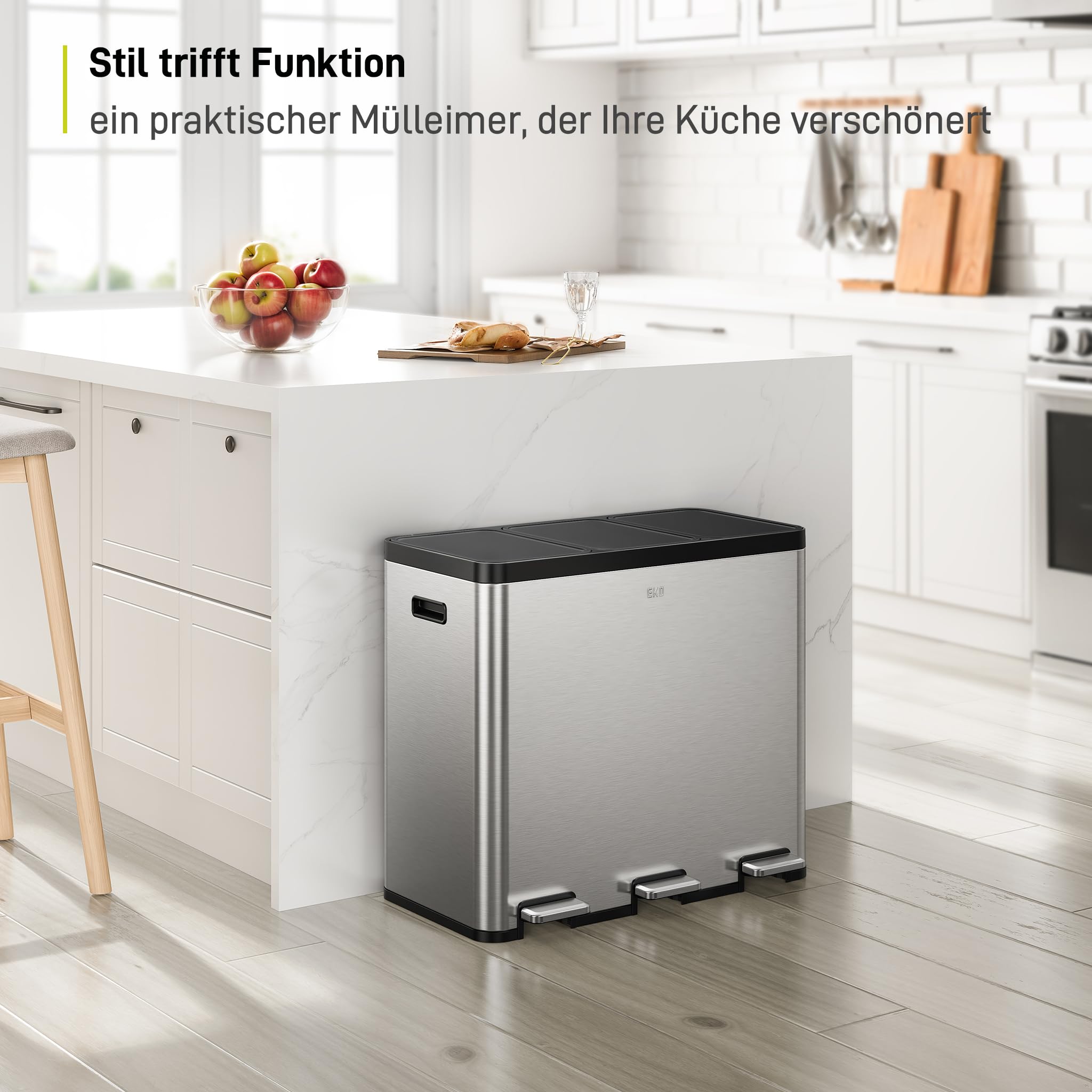 EKO Essential - Pattumiera a 3 scomparti, 3 x 20 litri, sistema di raccolta differenziata, con 20 sacchi della spazzatura, con coperchio, chiusura delicata e ermetica, in acciaio inox spazzolato